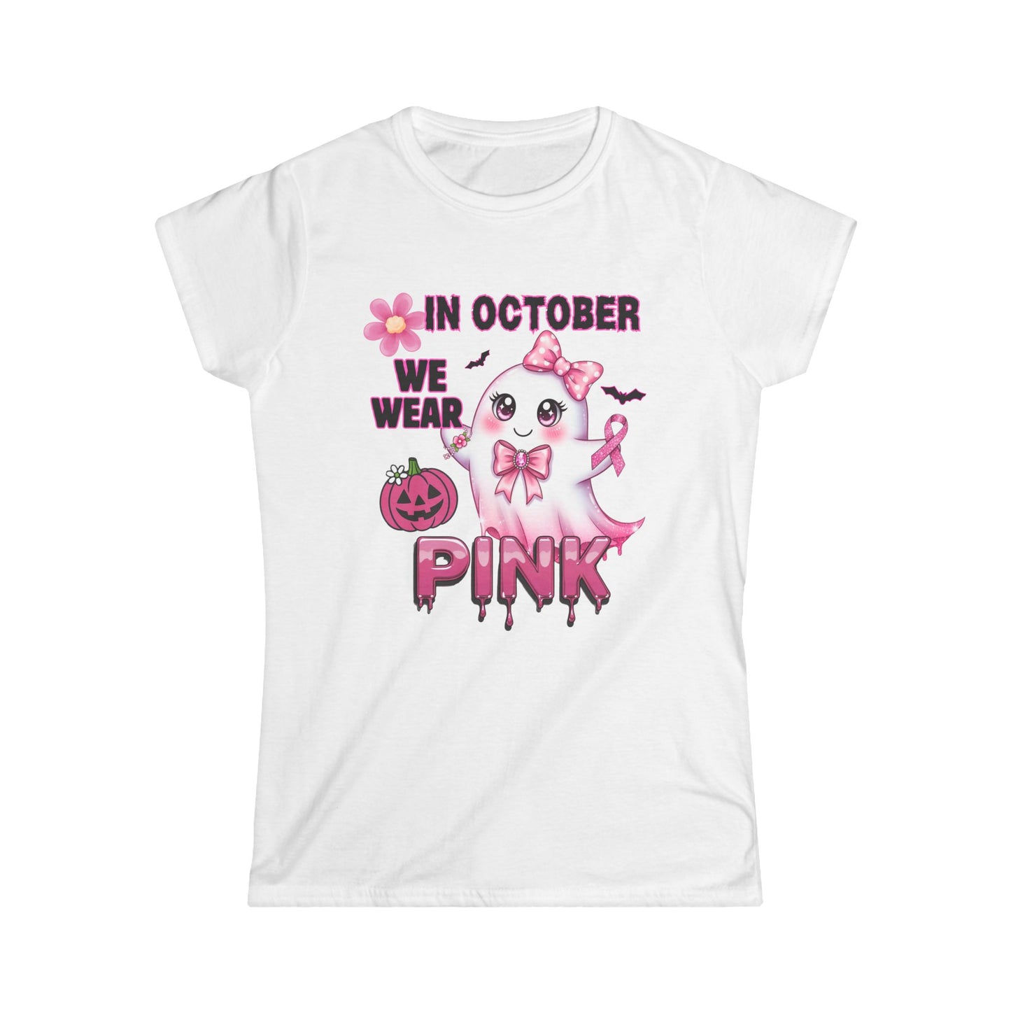 In October We Wear Pink Ghost Shirt Breast Cancer Awareness Halloween Tee Cute Kawaii Spirit Ribbon Support Gift for Her Womens T Shirt