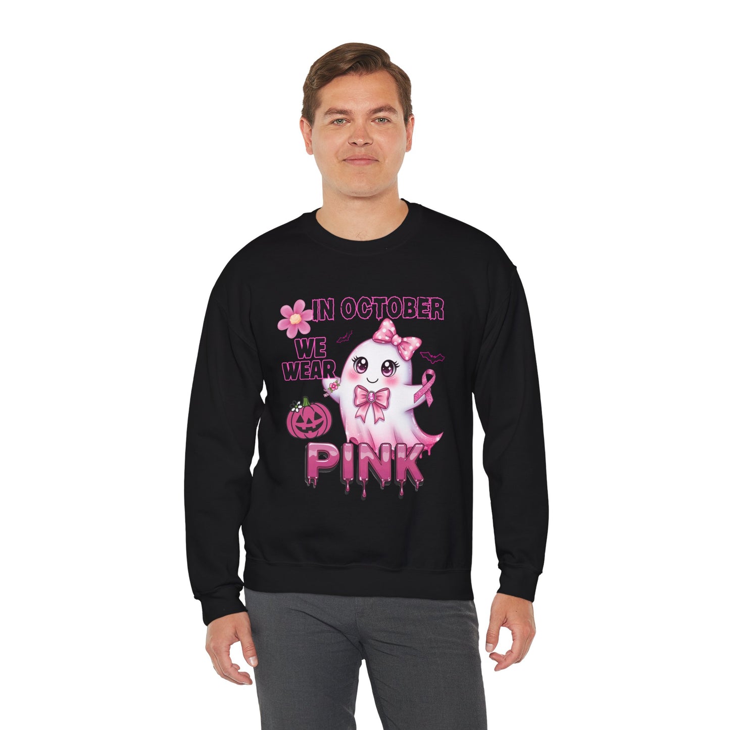 In October We Wear Pink Ghost Sweatshirt Breast Cancer Awareness Halloween Sweater Cute Kawaii Ribbon Gift Cozy Fall Crewneck Pullover
