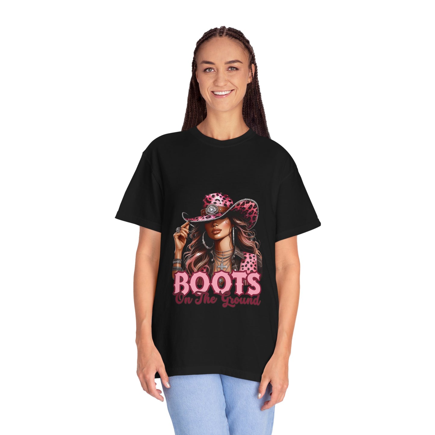 “Boots On The Ground” Pink Cowgirl Graphic T-Shirt – Western Leopard Print Rodeo Tee for Women