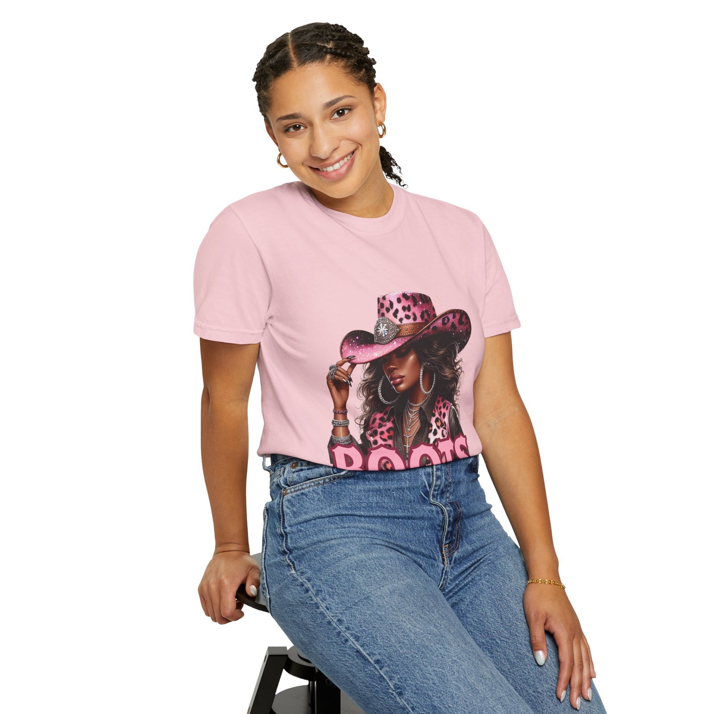 Pink Leopard Cowgirl T-Shirt – “Boots On The Ground” – Western Graphic Tee for Women