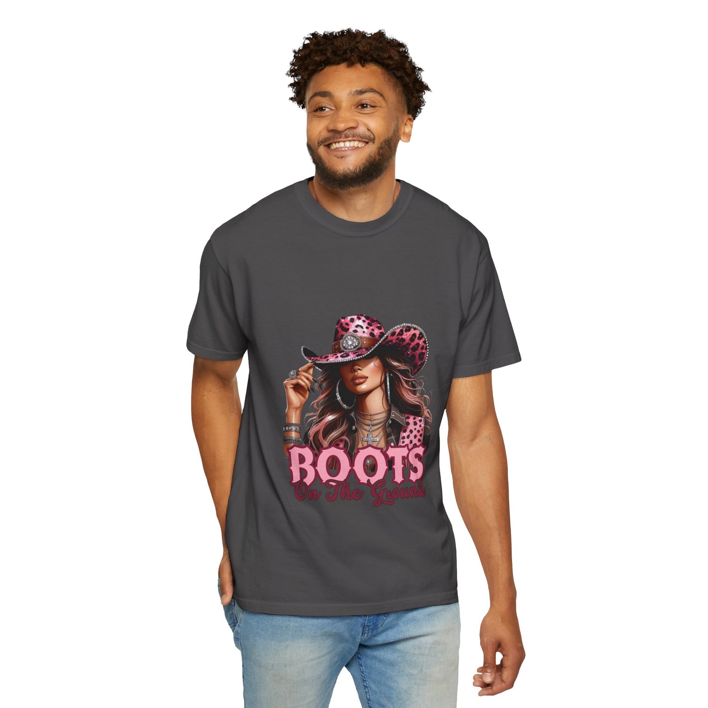 “Boots On The Ground” Pink Cowgirl Graphic T-Shirt – Western Leopard Print Rodeo Tee for Women