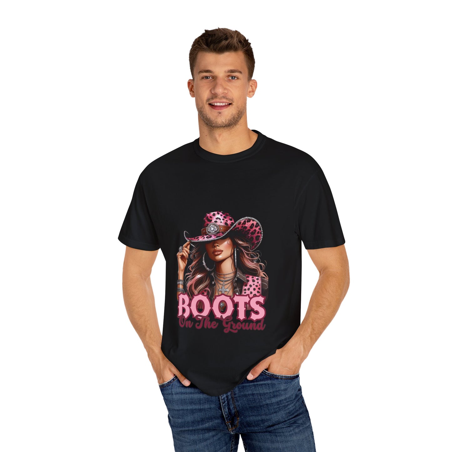 “Boots On The Ground” Pink Cowgirl Graphic T-Shirt – Western Leopard Print Rodeo Tee for Women
