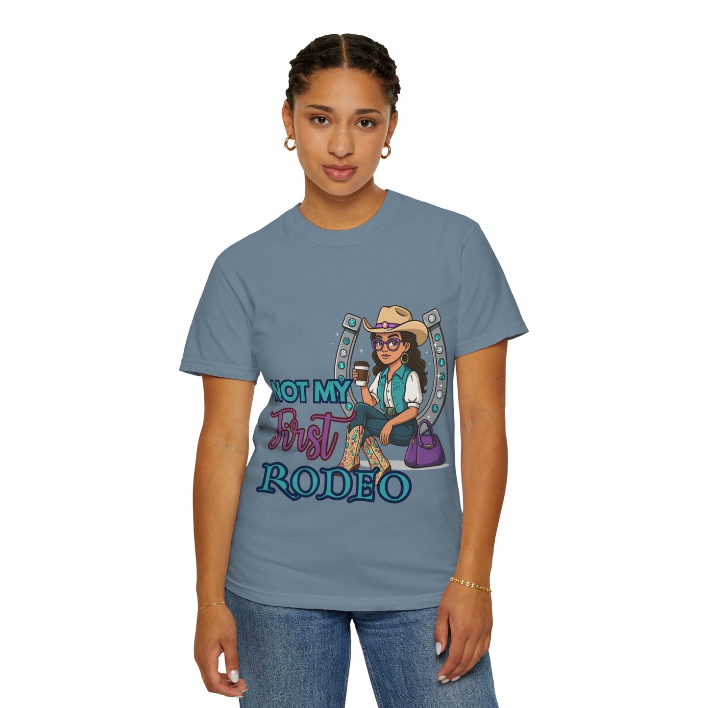 “Not My First Rodeo” Cowgirl Graphic T-Shirt – Western Rodeo Tee for Women with Coffee & Sass