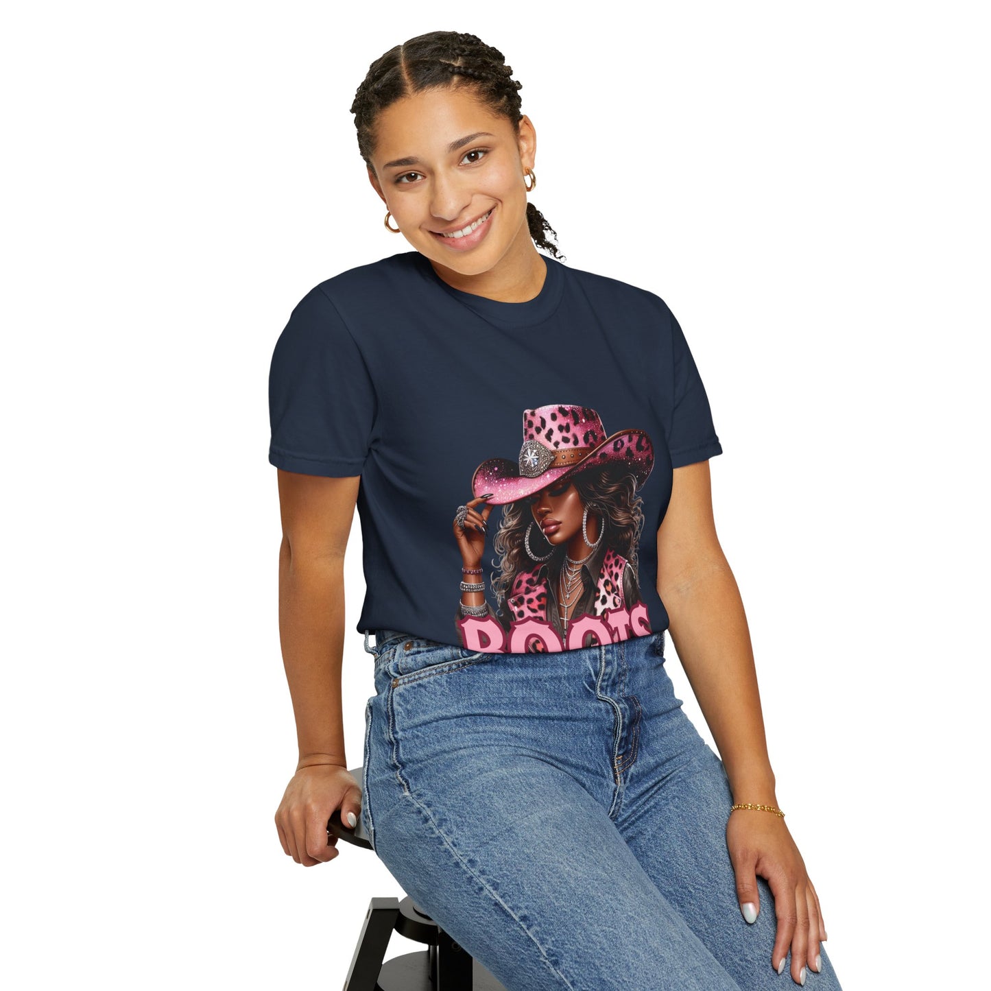 Pink Leopard Cowgirl T-Shirt – “Boots On The Ground” – Western Graphic Tee for Women