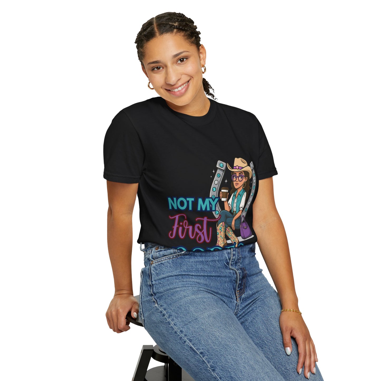 “Not My First Rodeo” Cowgirl Graphic T-Shirt – Western Rodeo Tee for Women with Coffee & Sass