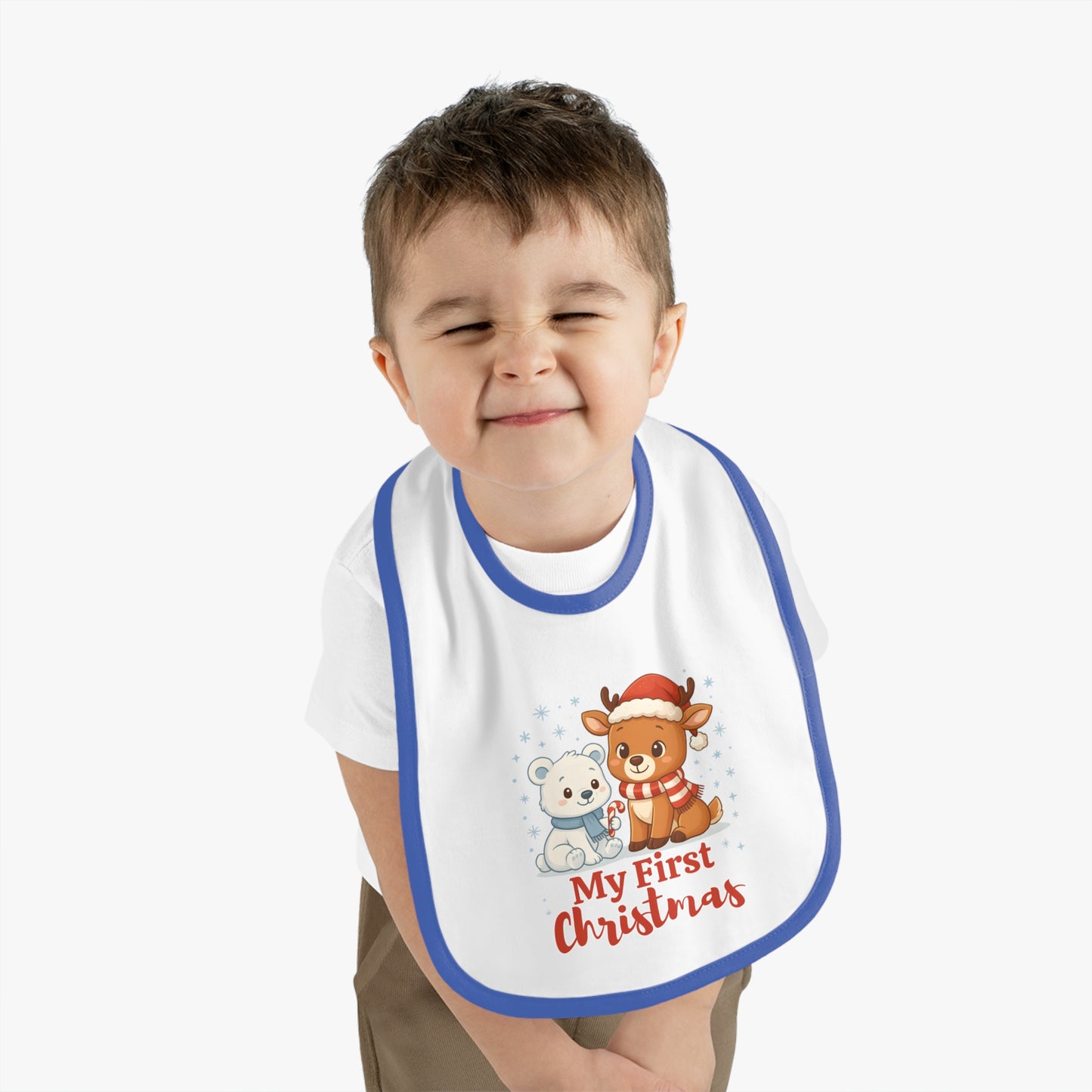 My First Christmas Baby Bib – Reindeer & Polar Bear – Personalized Holiday Bib