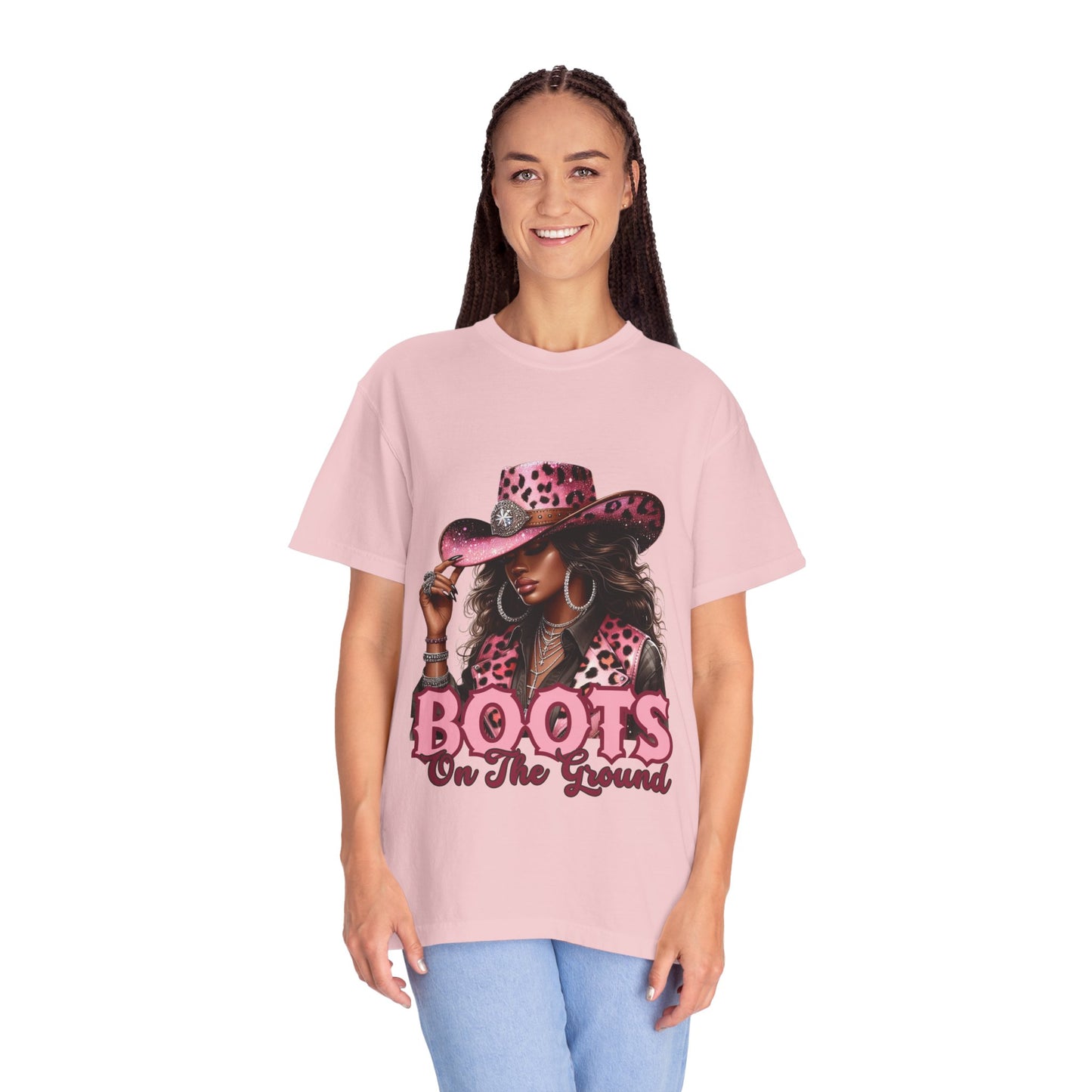 Pink Leopard Cowgirl T-Shirt – “Boots On The Ground” – Western Graphic Tee for Women