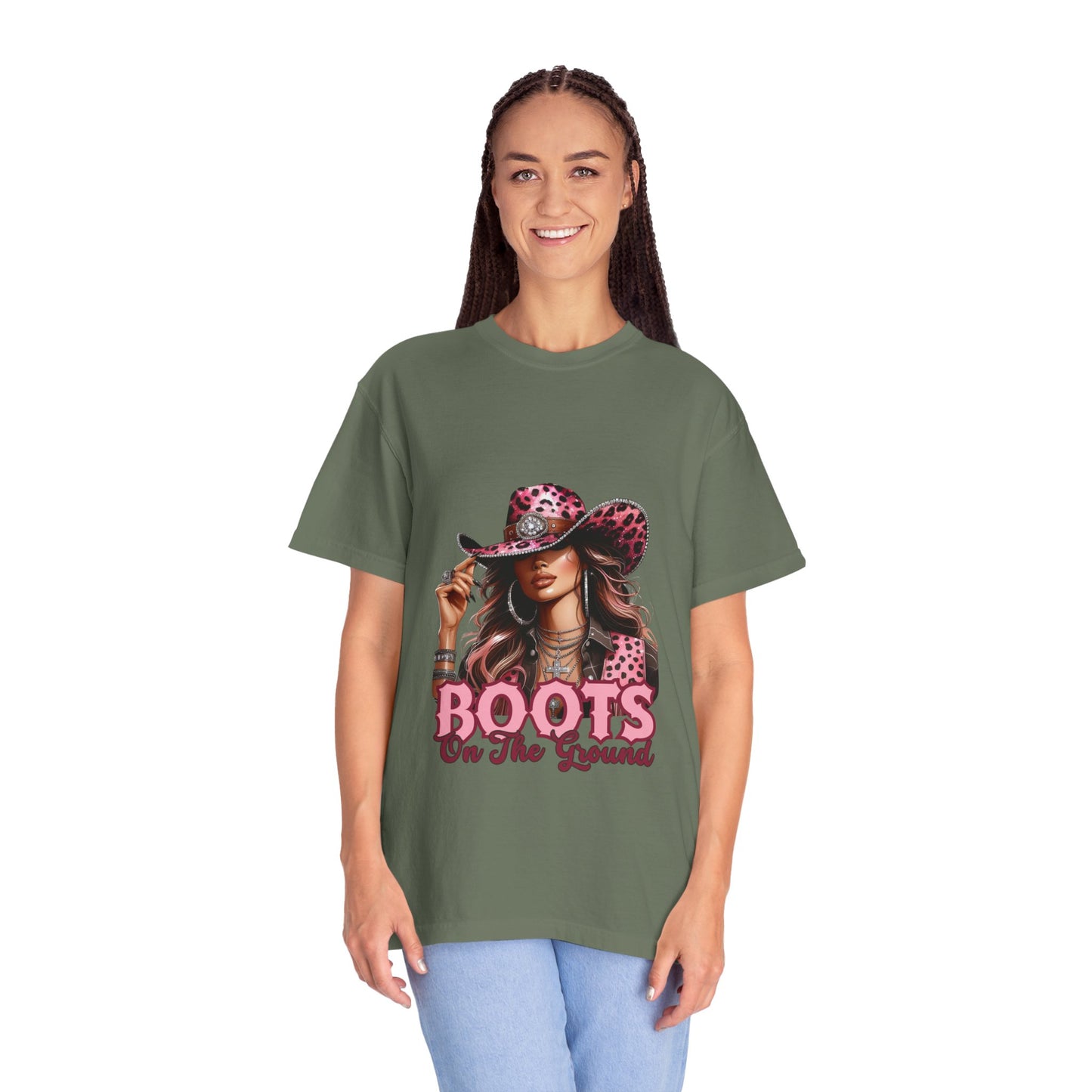 “Boots On The Ground” Pink Cowgirl Graphic T-Shirt – Western Leopard Print Rodeo Tee for Women
