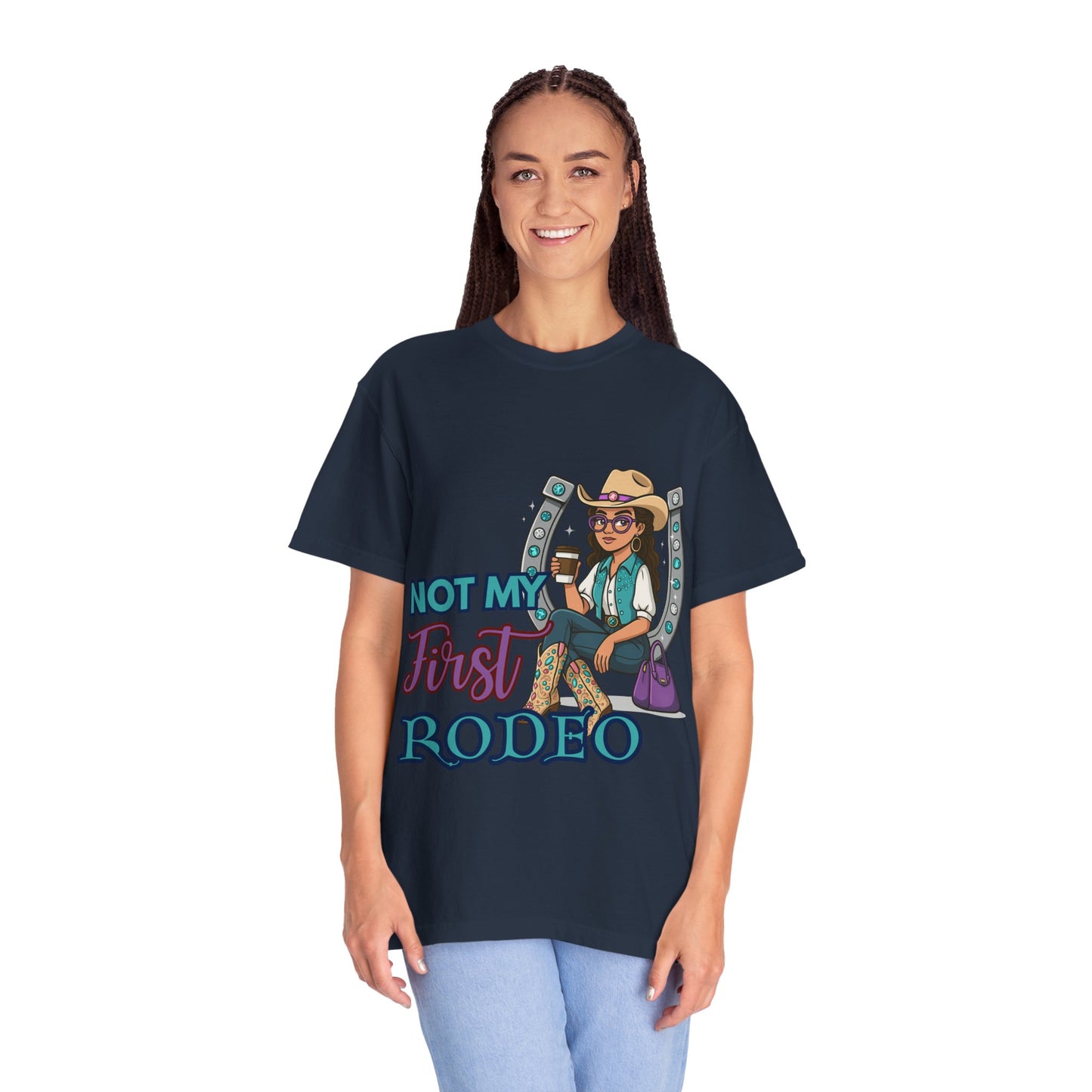 “Not My First Rodeo” Cowgirl Graphic T-Shirt – Western Rodeo Tee for Women with Coffee & Sass