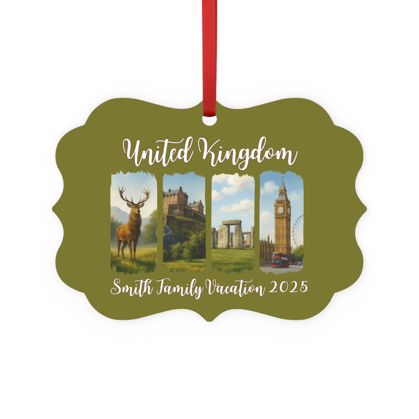 Customized Metal Plaque Ornament, Family Vacation Keepsake, Holiday Decor, United Kingdom Theme, Personalized Gift