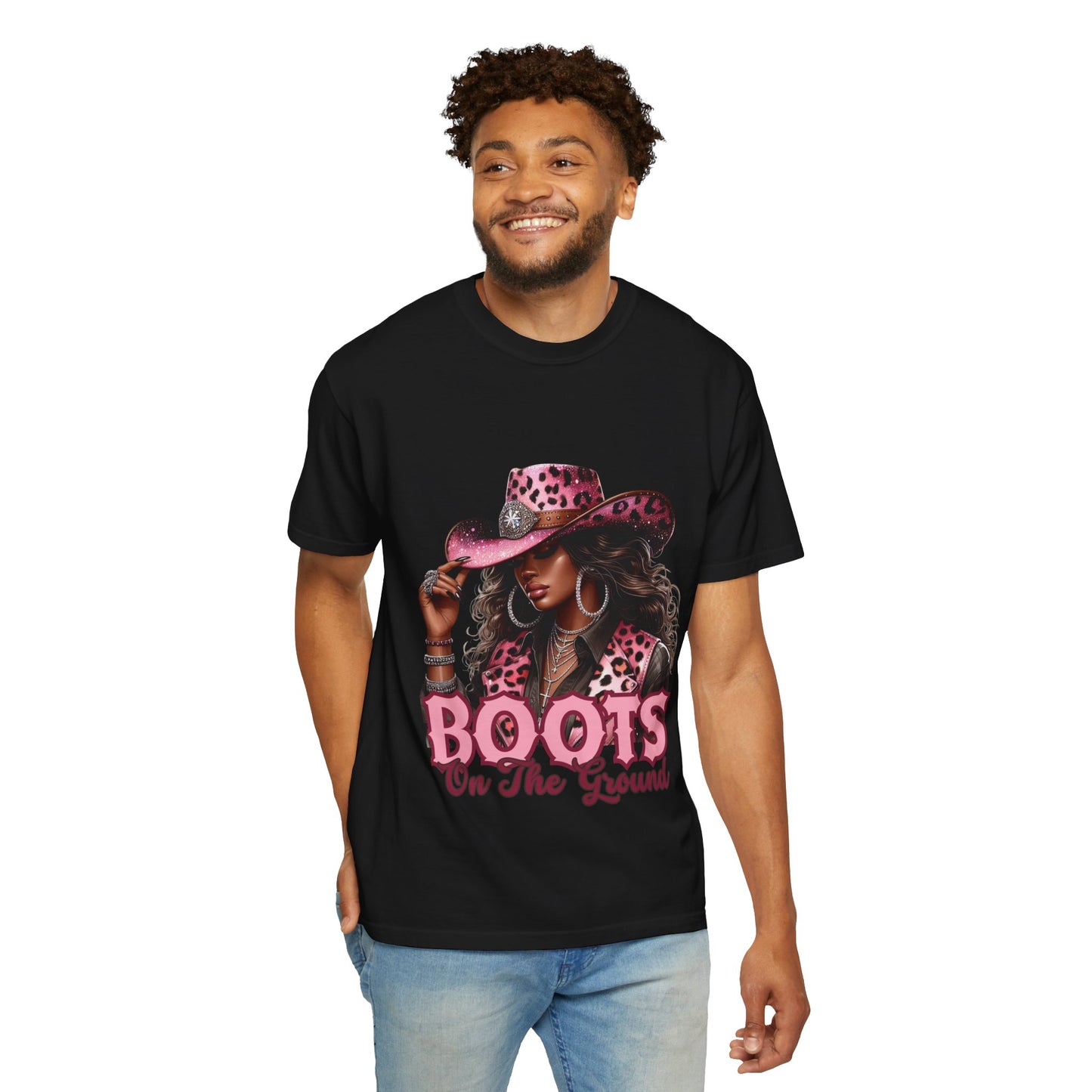 Pink Leopard Cowgirl T-Shirt – “Boots On The Ground” – Western Graphic Tee for Women