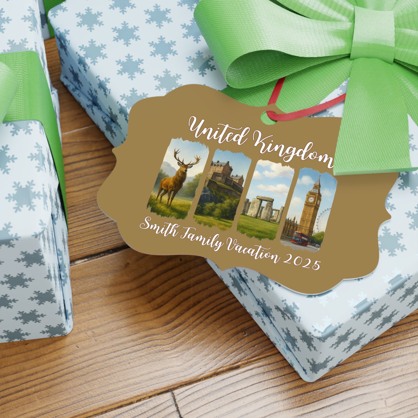 Personalized Aluminum Ornament - Family Vacation Keepsake, Travel Memory Decor, Holiday Tree Ornament, United Kingdom 2025