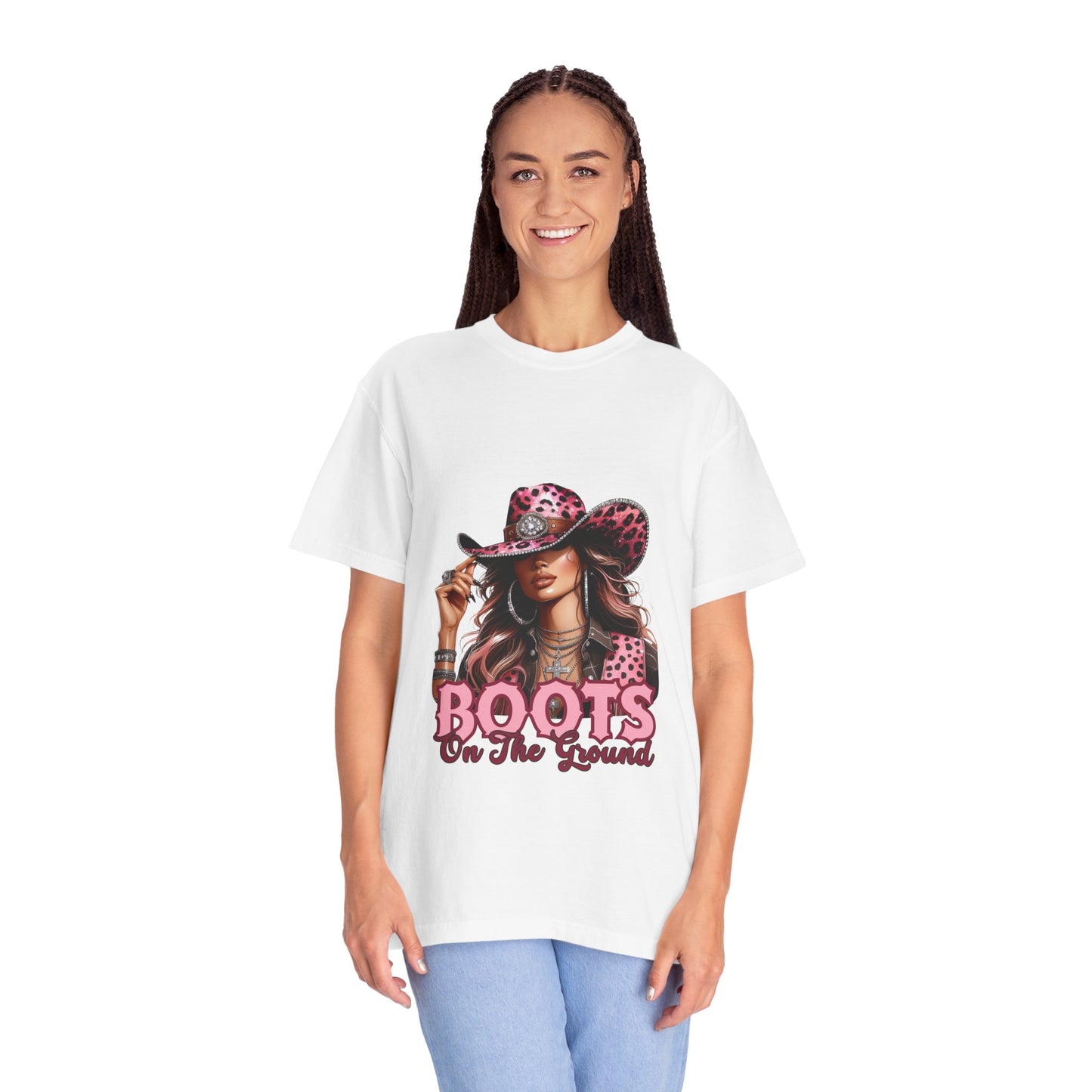 “Boots On The Ground” Pink Cowgirl Graphic T-Shirt – Western Leopard Print Rodeo Tee for Women