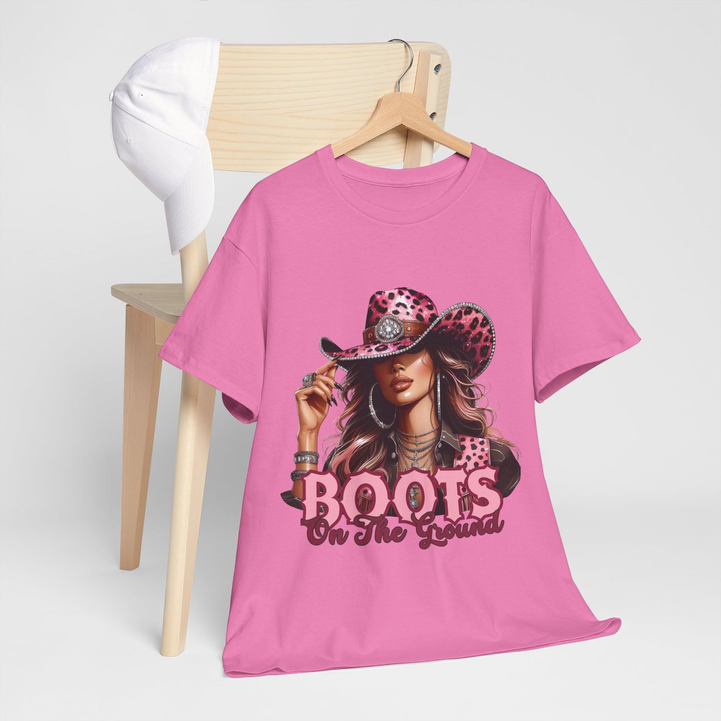 Boots On The Ground Shirt | Western Cowgirl Pink Leopard Hat Graphic Tee