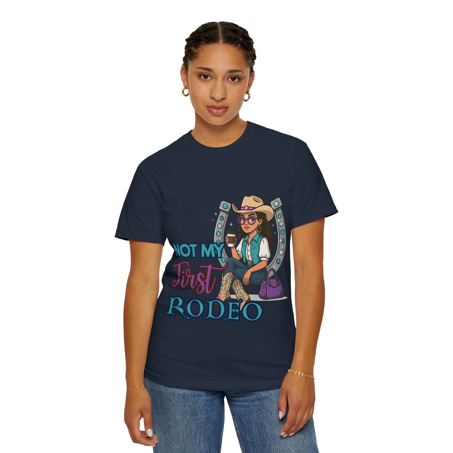 “Not My First Rodeo” Cowgirl Graphic T-Shirt – Western Rodeo Tee for Women with Coffee & Sass