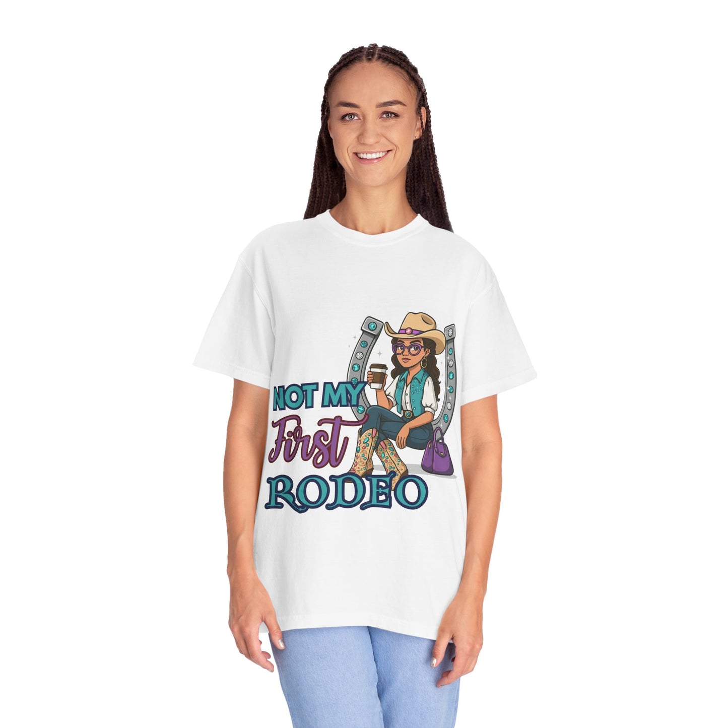 “Not My First Rodeo” Cowgirl Graphic T-Shirt – Western Rodeo Tee for Women with Coffee & Sass