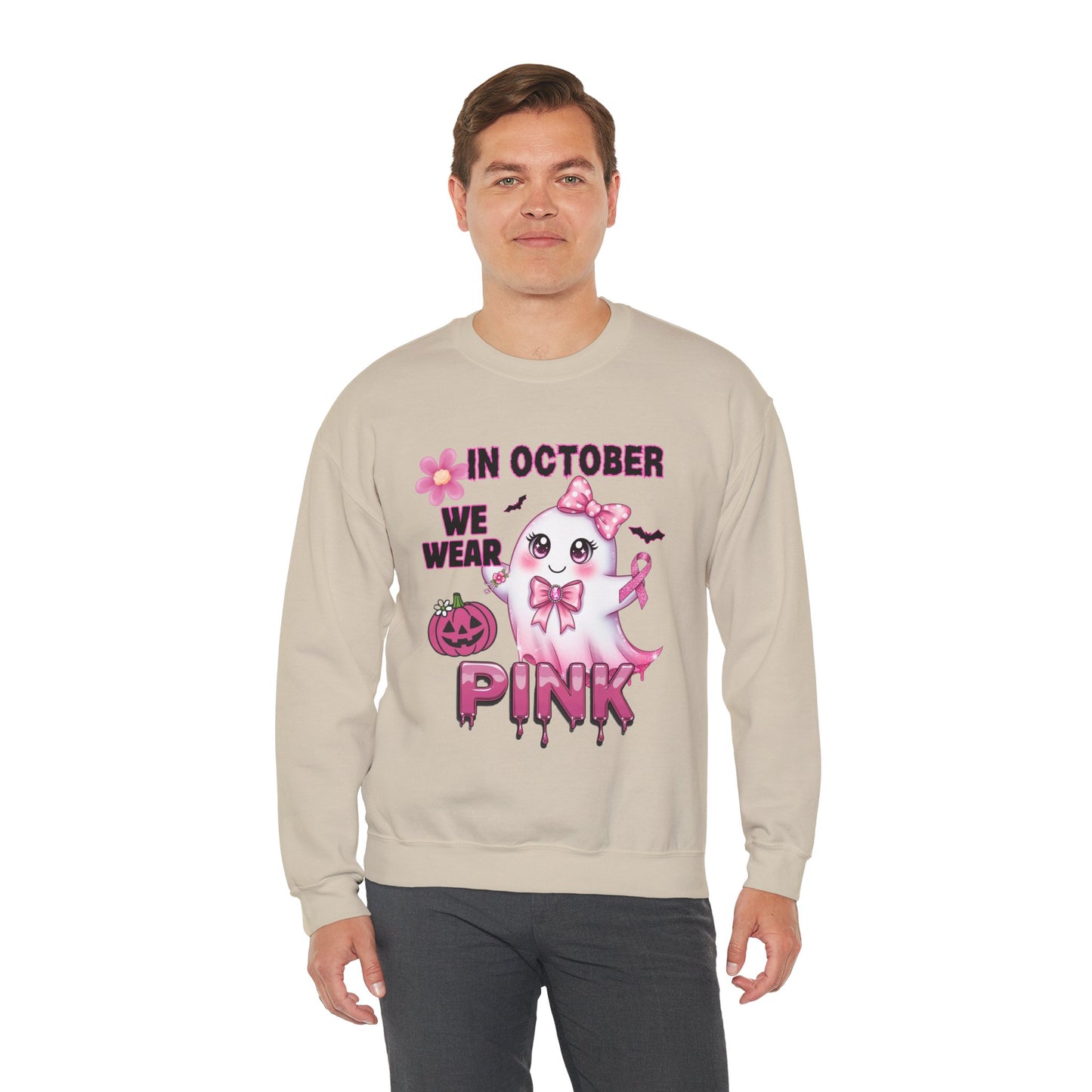 In October We Wear Pink Ghost Sweatshirt Breast Cancer Awareness Halloween Sweater Cute Kawaii Ribbon Gift Cozy Fall Crewneck Pullover