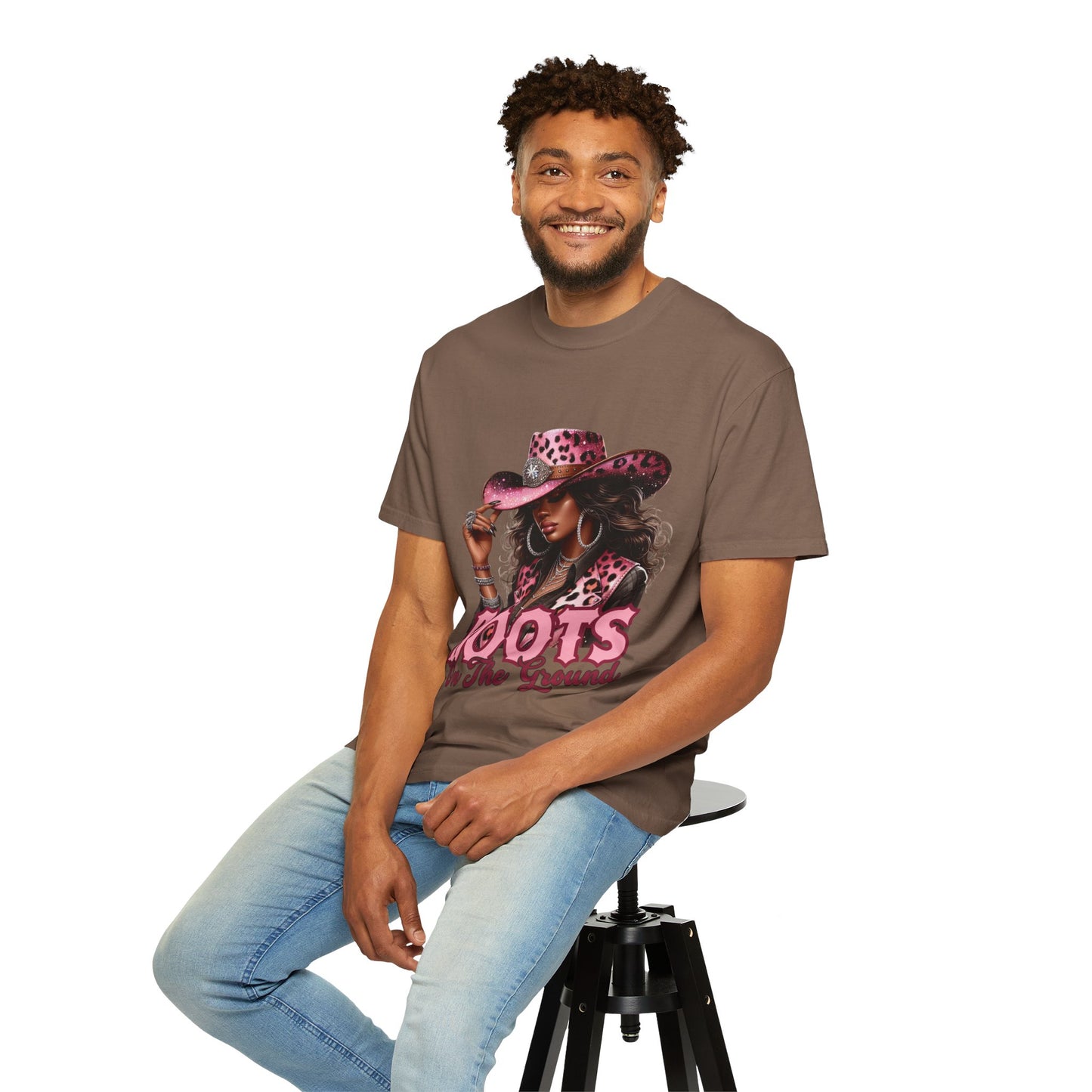 Pink Leopard Cowgirl T-Shirt – “Boots On The Ground” – Western Graphic Tee for Women