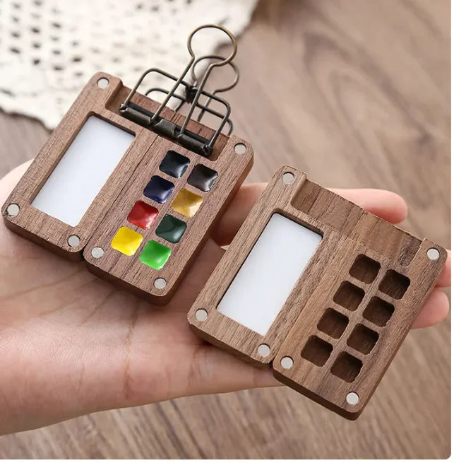 Mini Travel Watercolor Set – Portable Wooden Box Kit with 8 Colors, Sketchbook, Brush & Clip – Pocket-Sized Art Set for Painting On-the-Go