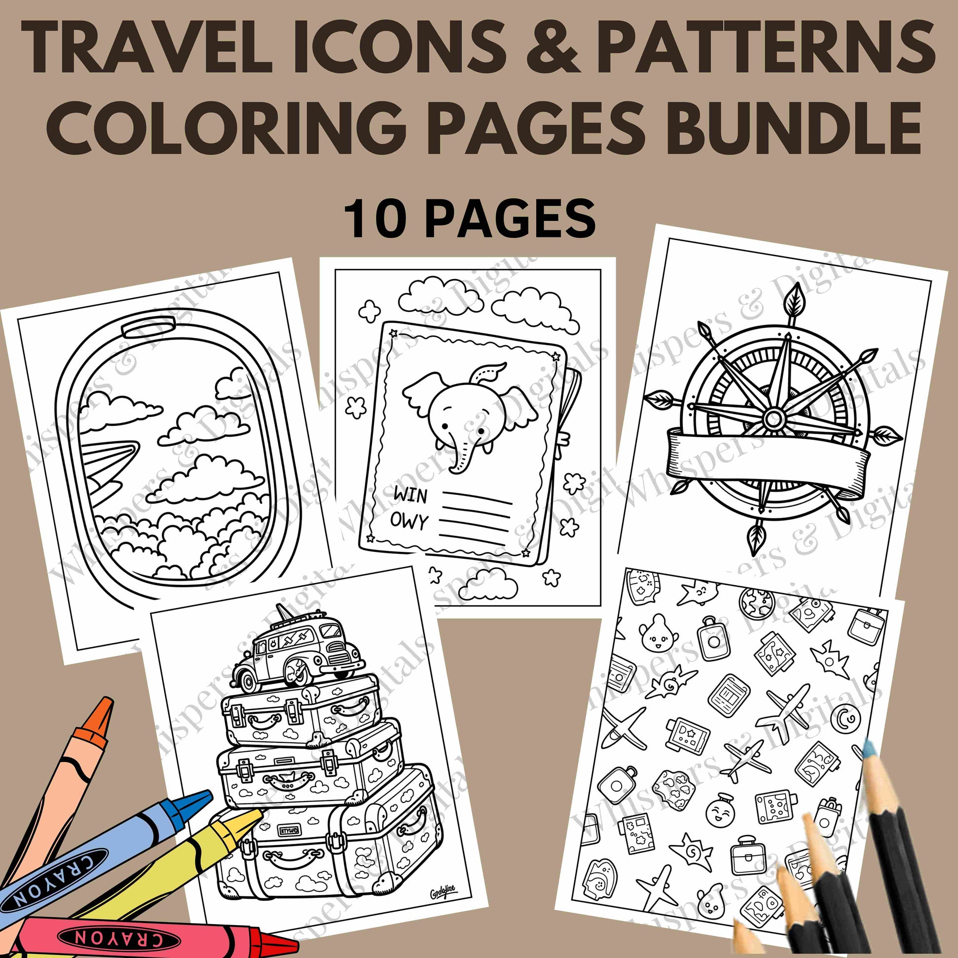 Ten printable travel icon and pattern coloring pages featuring airplanes, luggage, compasses, and travel doodles — digital download for travel lovers