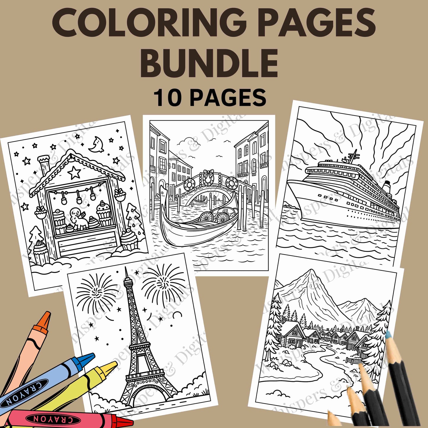 Ten printable seasonal travel-themed coloring pages featuring airplanes, luggage, and compass designs — digital download for adults and kids