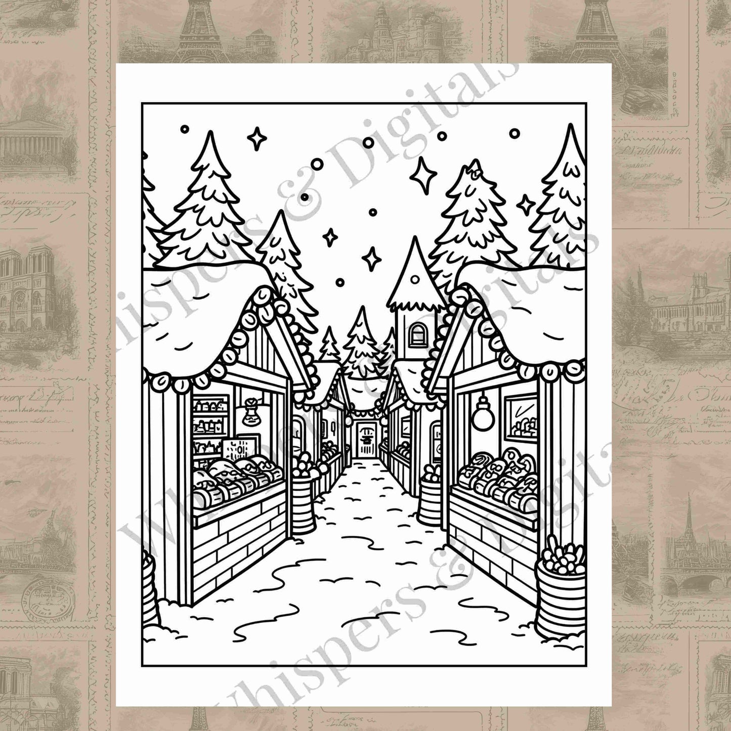 Five printable travel-themed coloring pages including Eiffel Tower, cruise ship, winter market, ornament, and cozy terrace scene — digital download mini-bundle