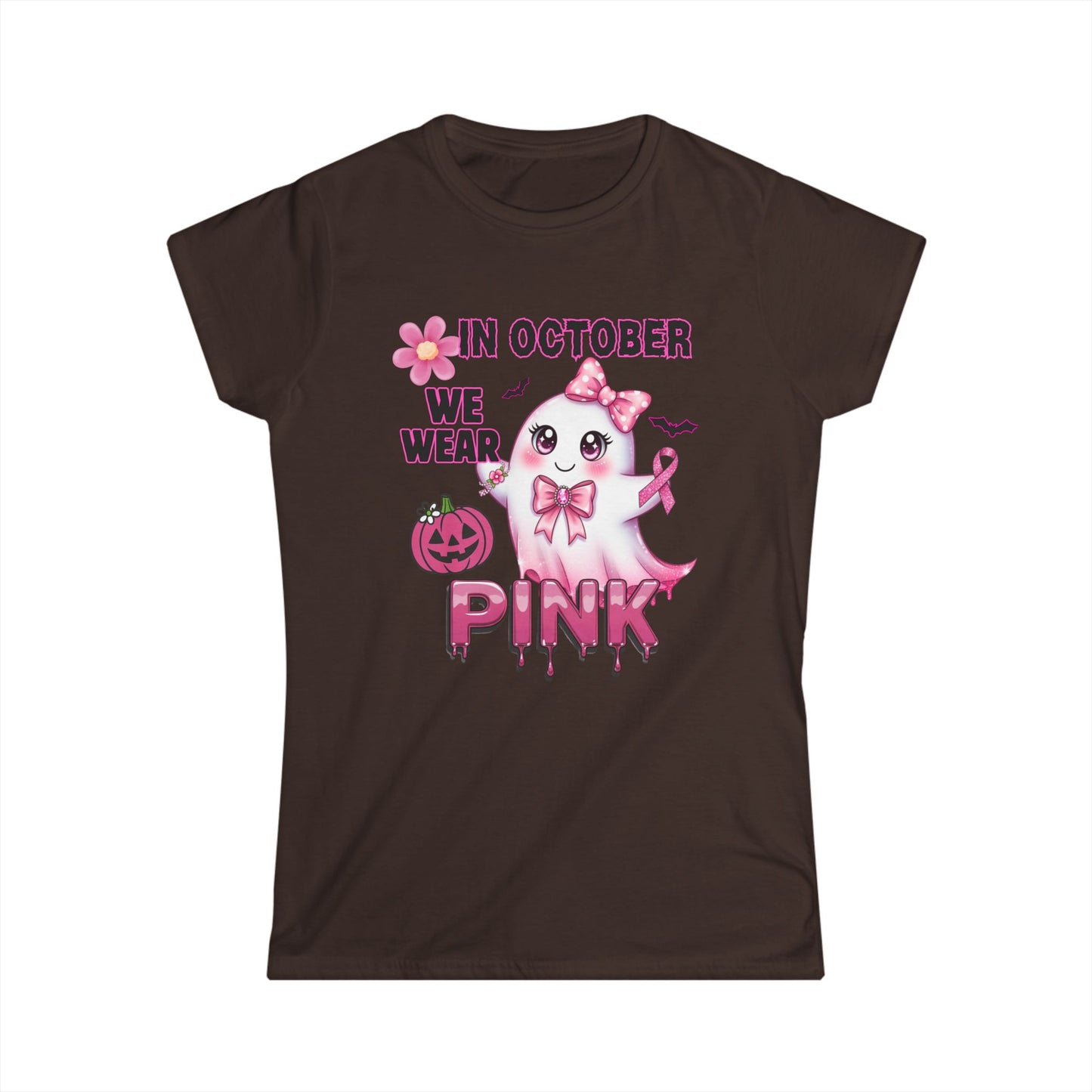 In October We Wear Pink Ghost Shirt Breast Cancer Awareness Halloween Tee Cute Kawaii Spirit Ribbon Support Gift for Her Womens T Shirt