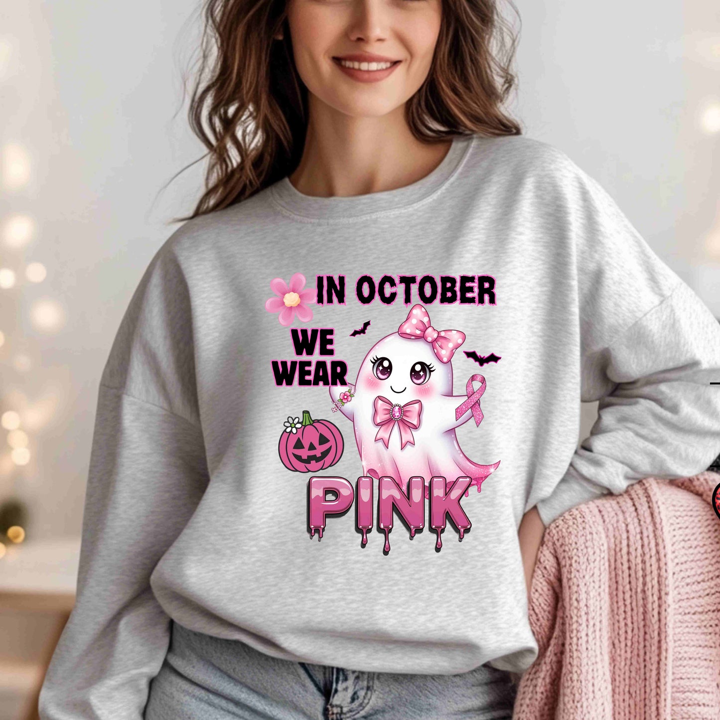 In October We Wear Pink Ghost Sweatshirt Breast Cancer Awareness Halloween Sweater Cute Kawaii Ribbon Gift Cozy Fall Crewneck Pullover