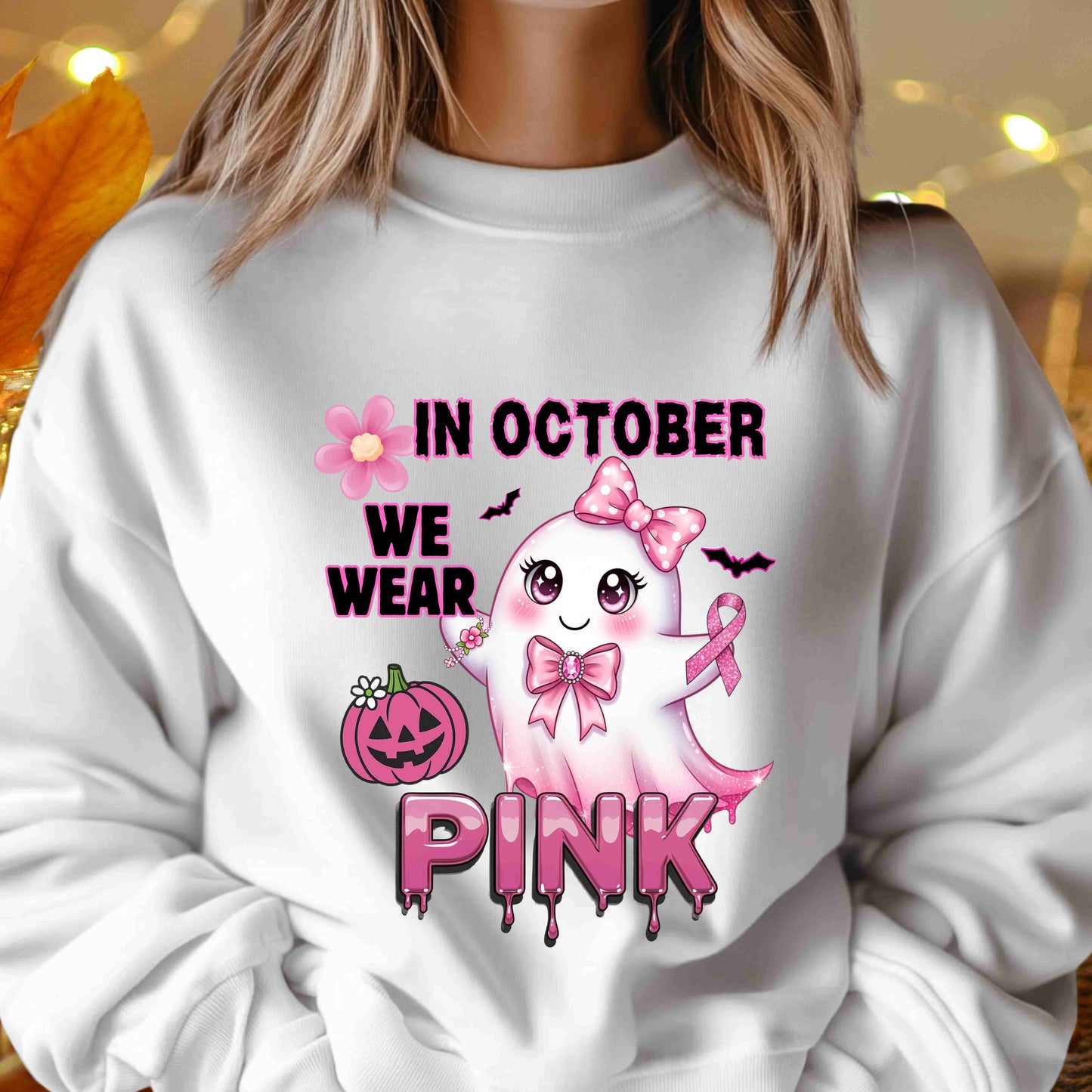 In October We Wear Pink Ghost Sweatshirt Breast Cancer Awareness Halloween Sweater Cute Kawaii Ribbon Gift Cozy Fall Crewneck Pullover