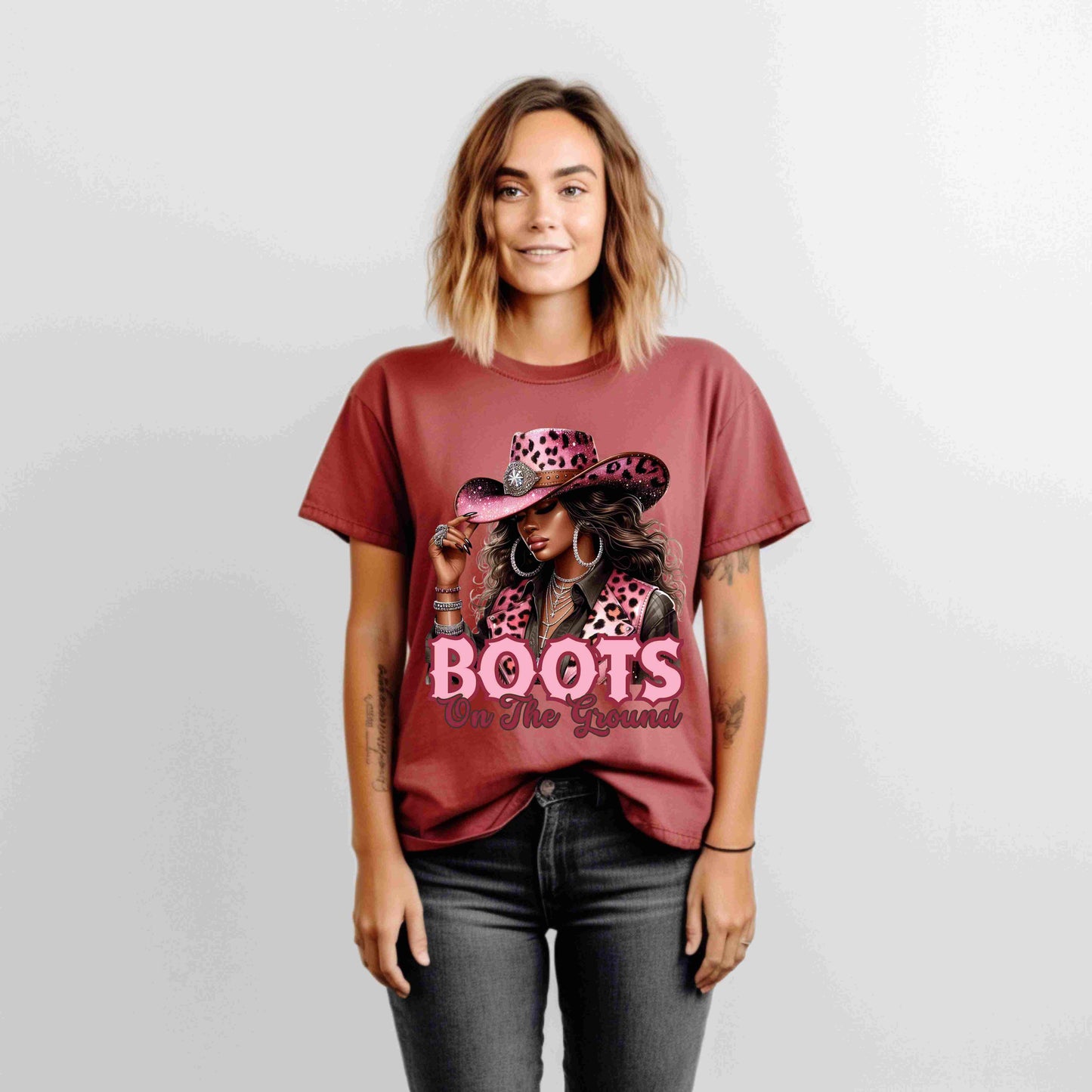 Pink Leopard Cowgirl T-Shirt – “Boots On The Ground” – Western Graphic Tee for Women