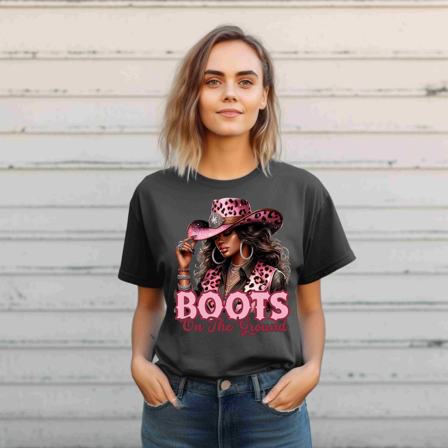 Pink Leopard Cowgirl T-Shirt – “Boots On The Ground” – Western Graphic Tee for Women
