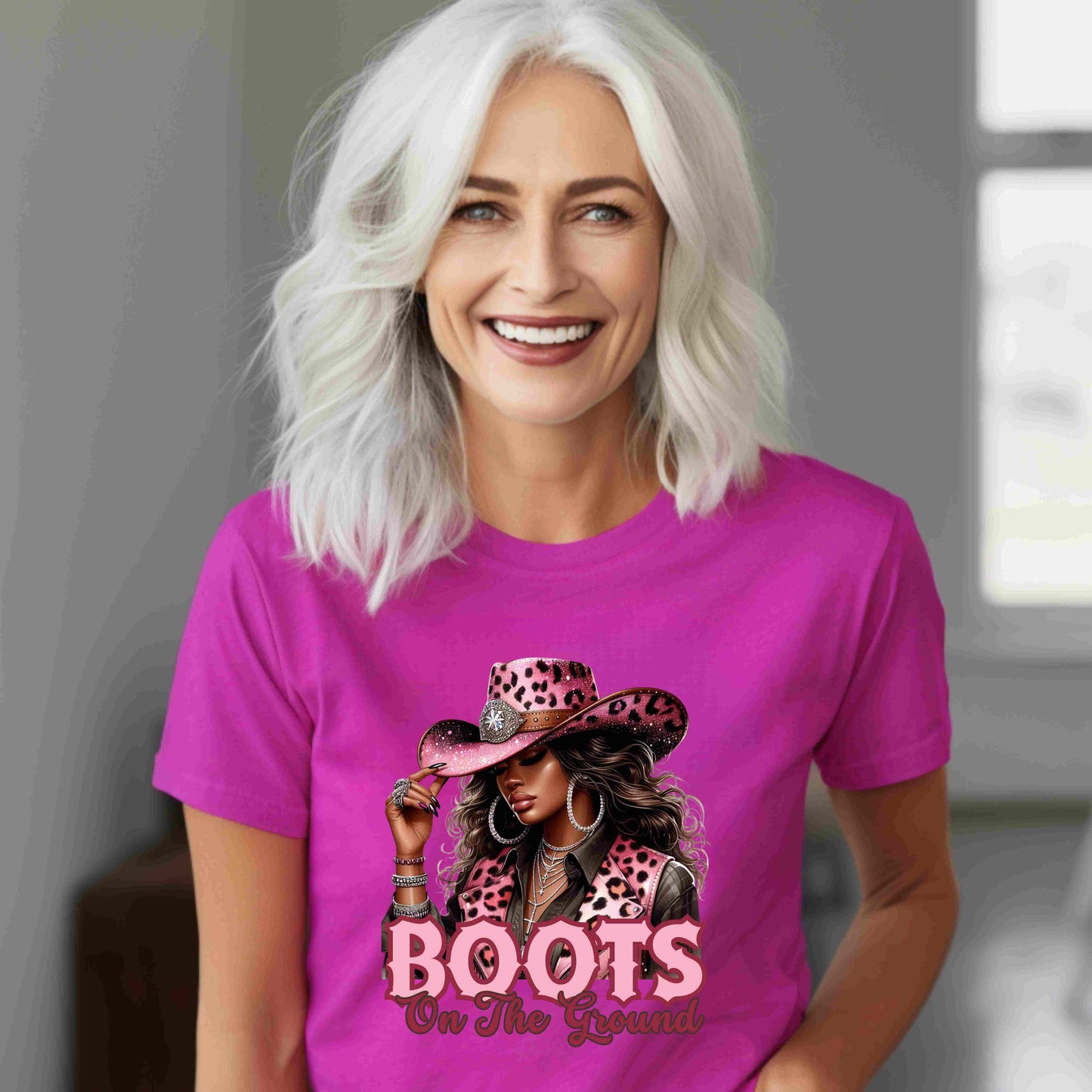 Pink Leopard Cowgirl T-Shirt – “Boots On The Ground” – Western Graphic Tee for Women