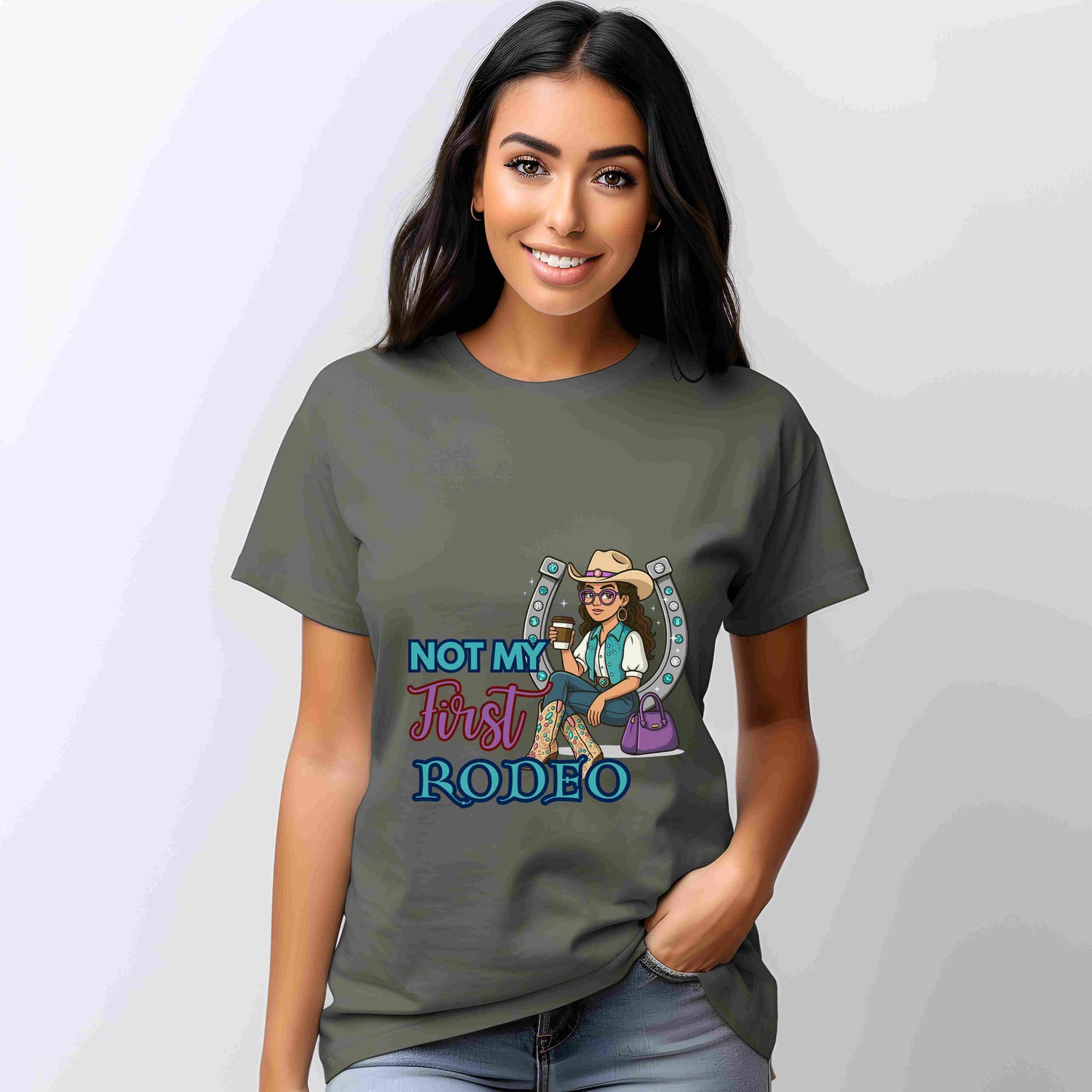 “Not My First Rodeo” Cowgirl Graphic T-Shirt – Western Rodeo Tee for Women with Coffee & Sass