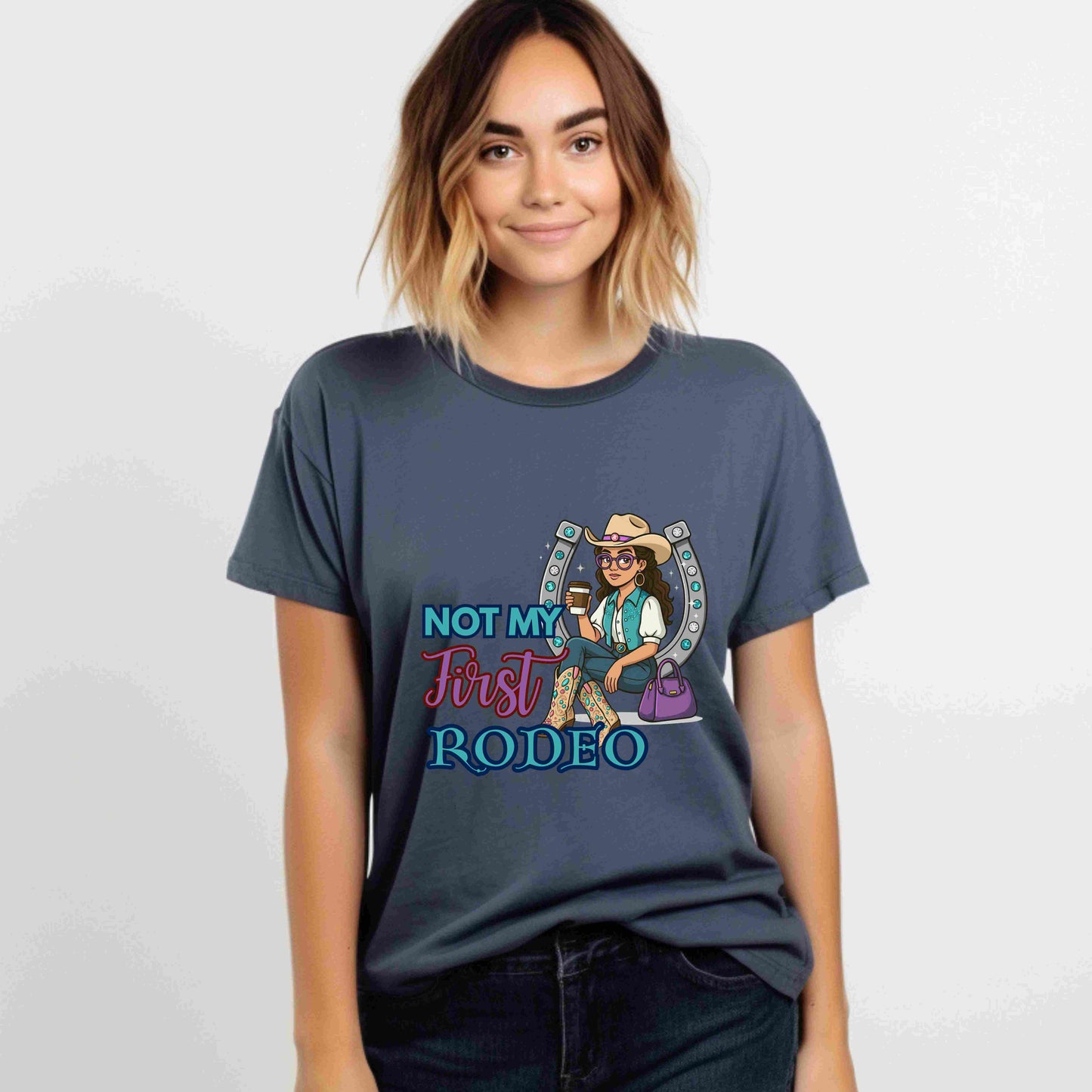 “Not My First Rodeo” Cowgirl Graphic T-Shirt – Western Rodeo Tee for Women with Coffee & Sass