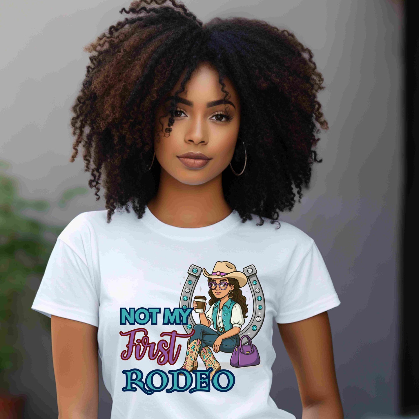 “Not My First Rodeo” Cowgirl Graphic T-Shirt – Western Rodeo Tee for Women with Coffee & Sass