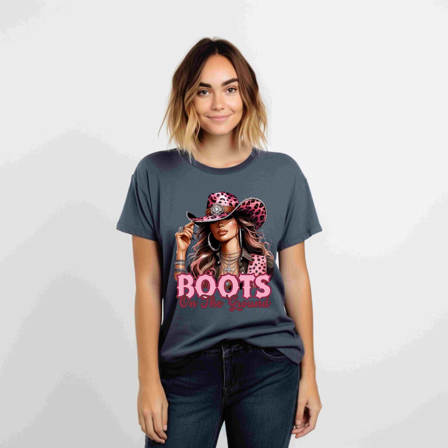 “Boots On The Ground” Pink Cowgirl Graphic T-Shirt – Western Leopard Print Rodeo Tee for Women