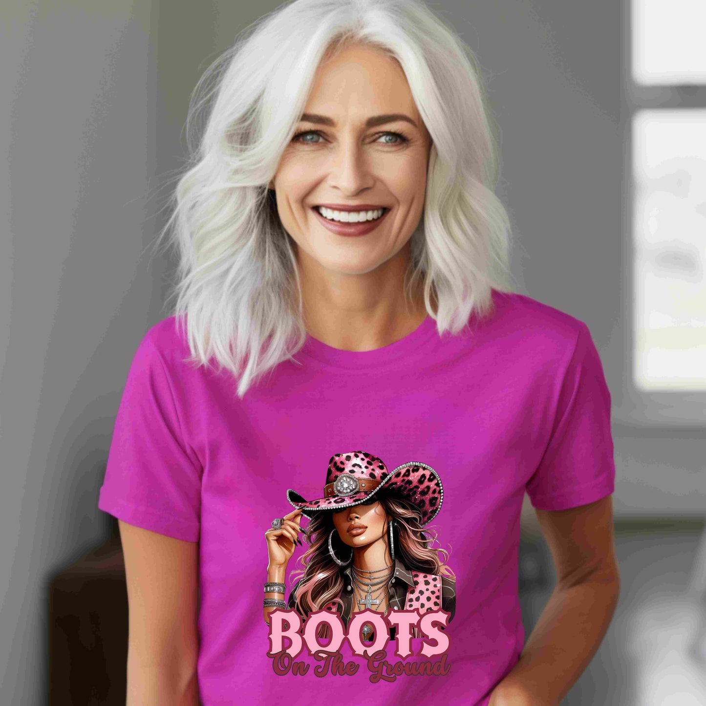 “Boots On The Ground” Pink Cowgirl Graphic T-Shirt – Western Leopard Print Rodeo Tee for Women