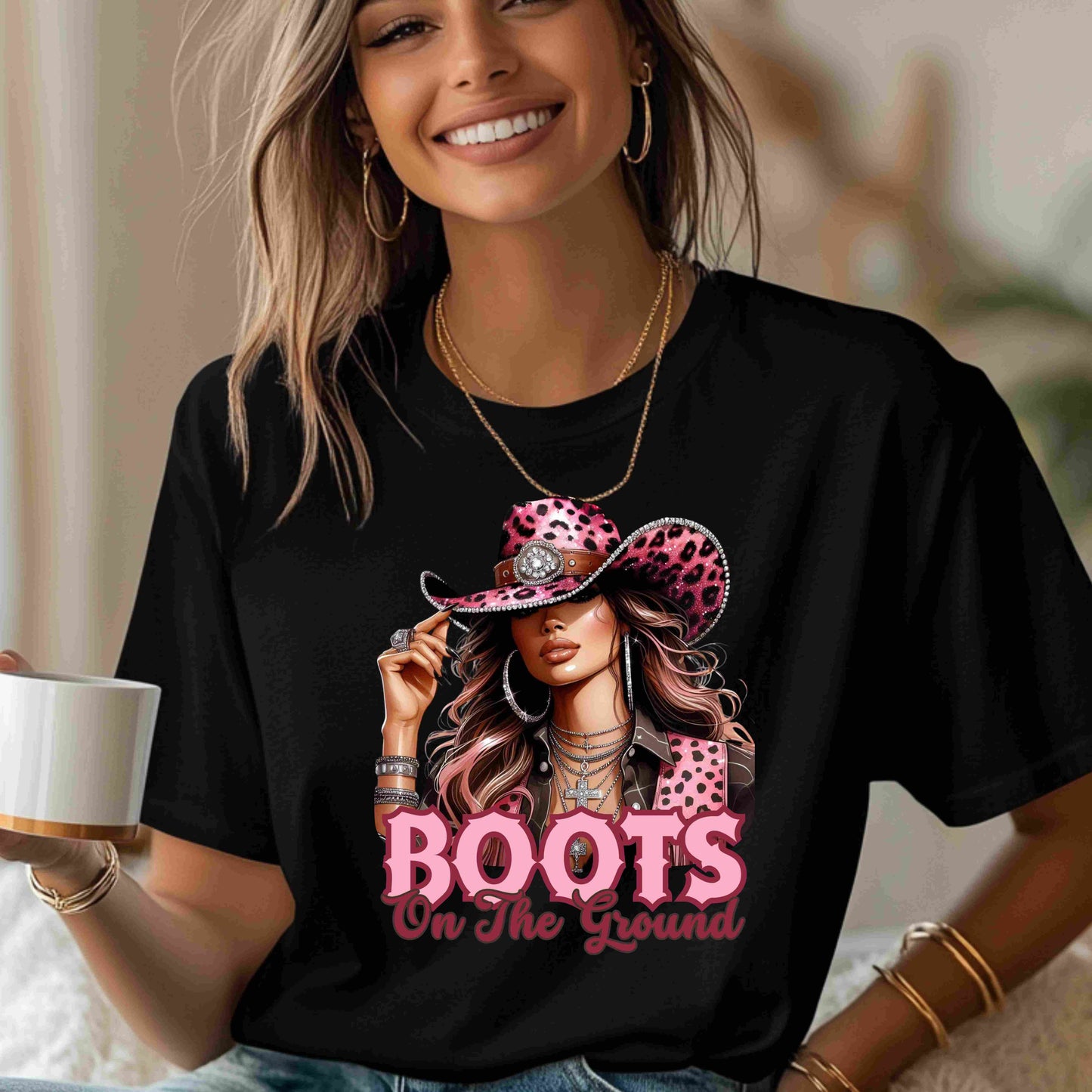 “Boots On The Ground” Pink Cowgirl Graphic T-Shirt – Western Leopard Print Rodeo Tee for Women