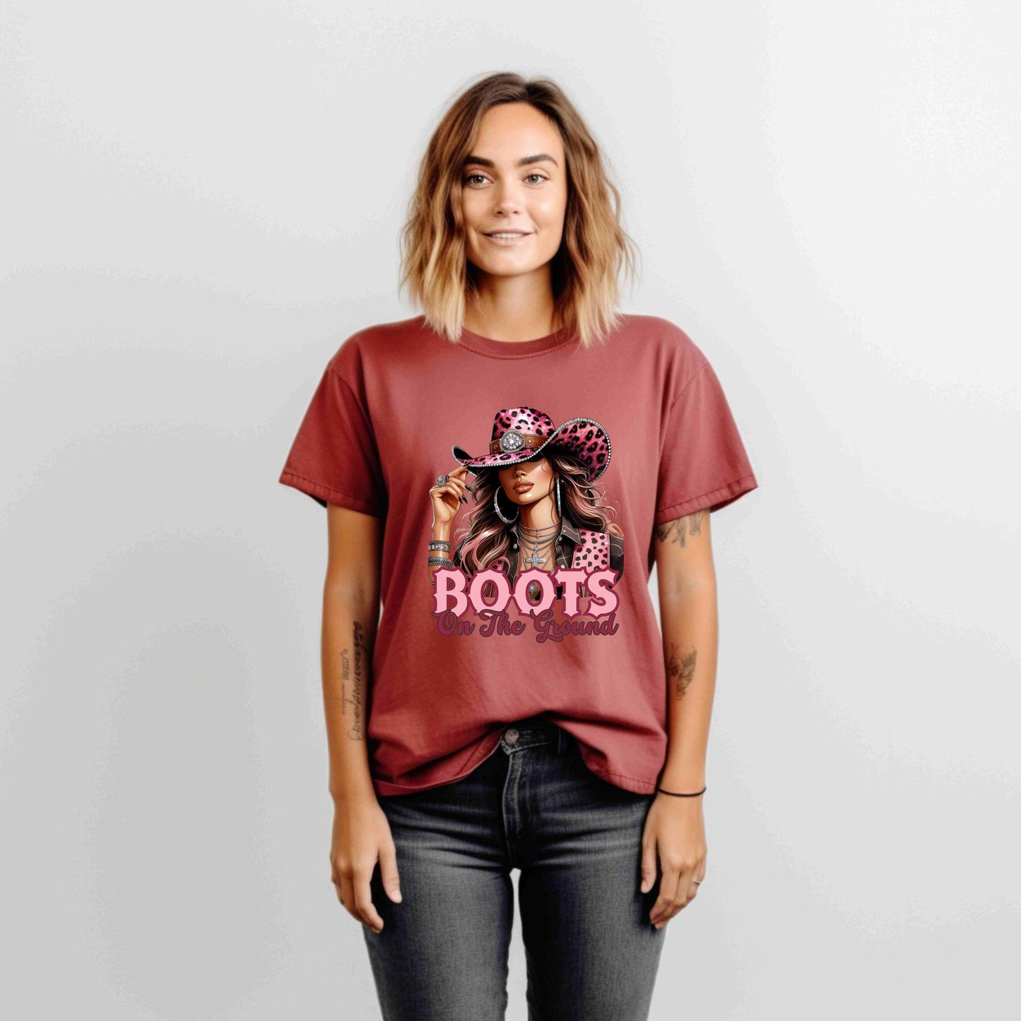 “Boots On The Ground” Pink Cowgirl Graphic T-Shirt – Western Leopard Print Rodeo Tee for Women