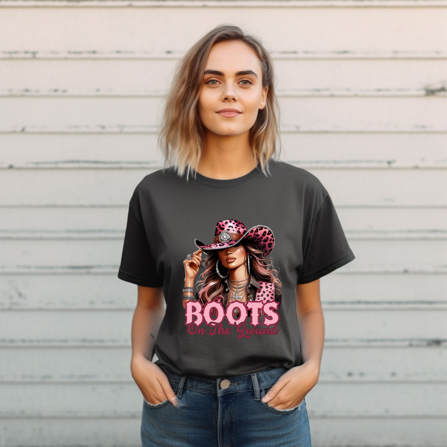 “Boots On The Ground” Pink Cowgirl Graphic T-Shirt – Western Leopard Print Rodeo Tee for Women