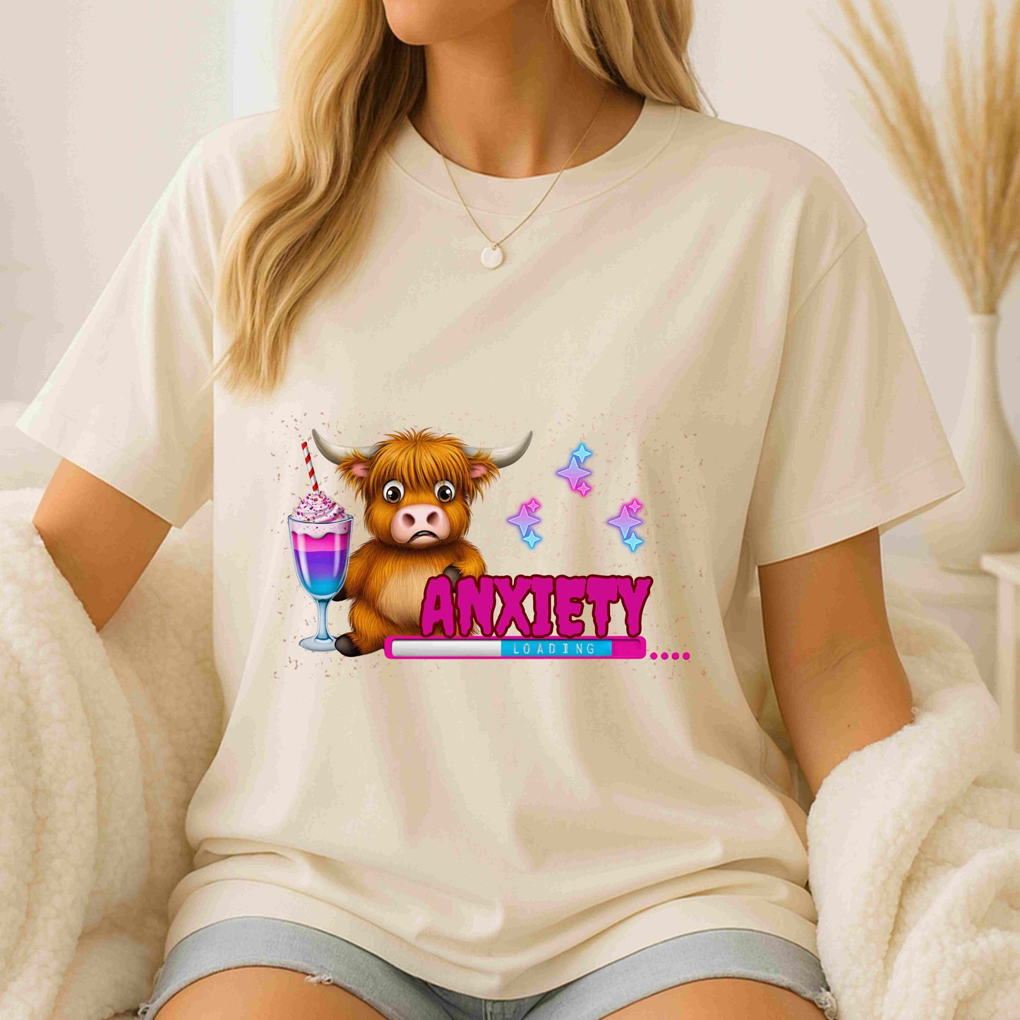 Anxiety Loading Highland Cow Bella+Canvas Shirt – Funny Mental Health Tee