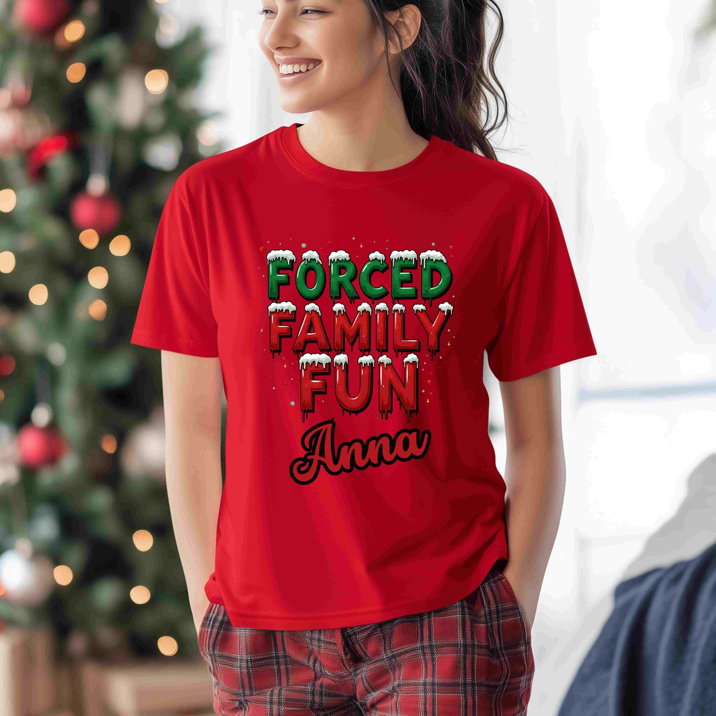 Forced Family Fun Christmas Shirt – Funny Holiday Family Matching Tee – Optional Custom Name – Bella + Canvas – White, Black, Red, Forest Green