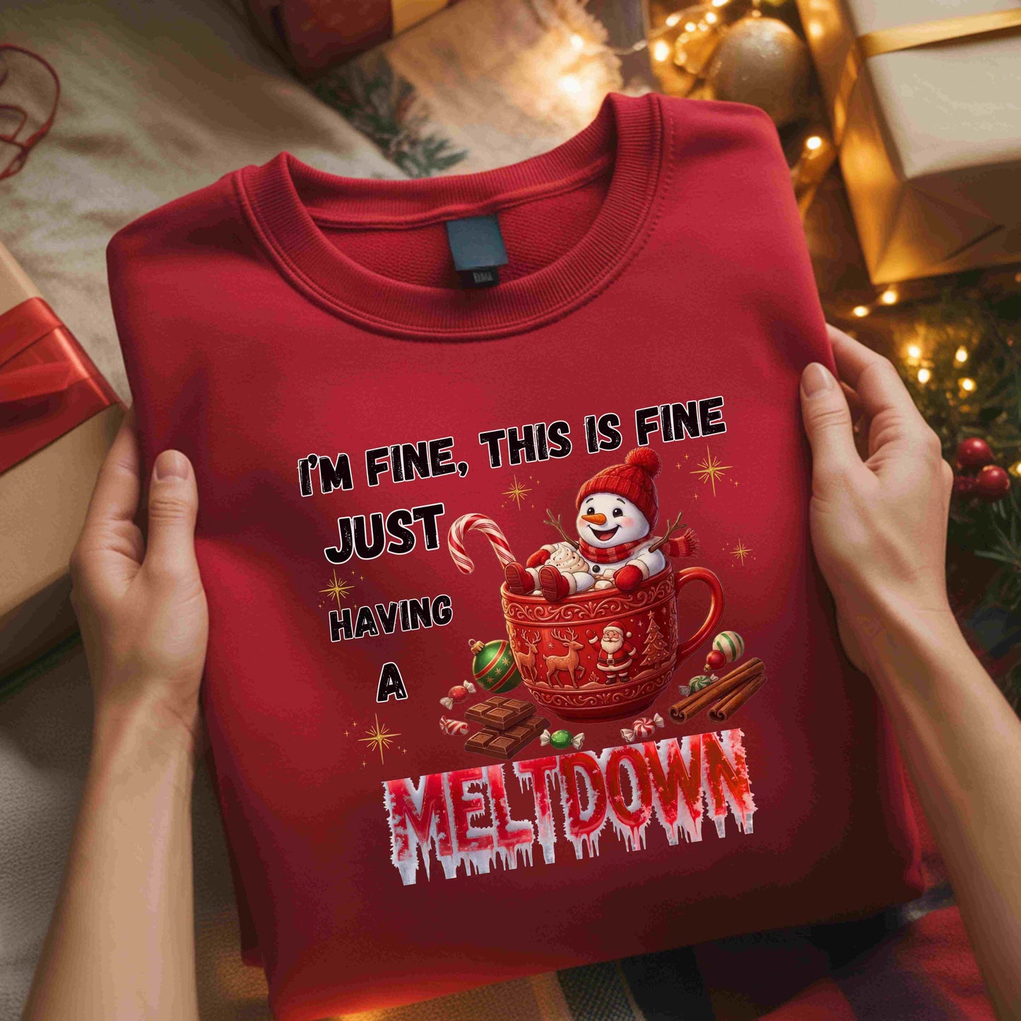 "I'm Fine, This Is Fine" Christmas Meltdown Sweatshirt – Cute Snowman Holiday Crewneck