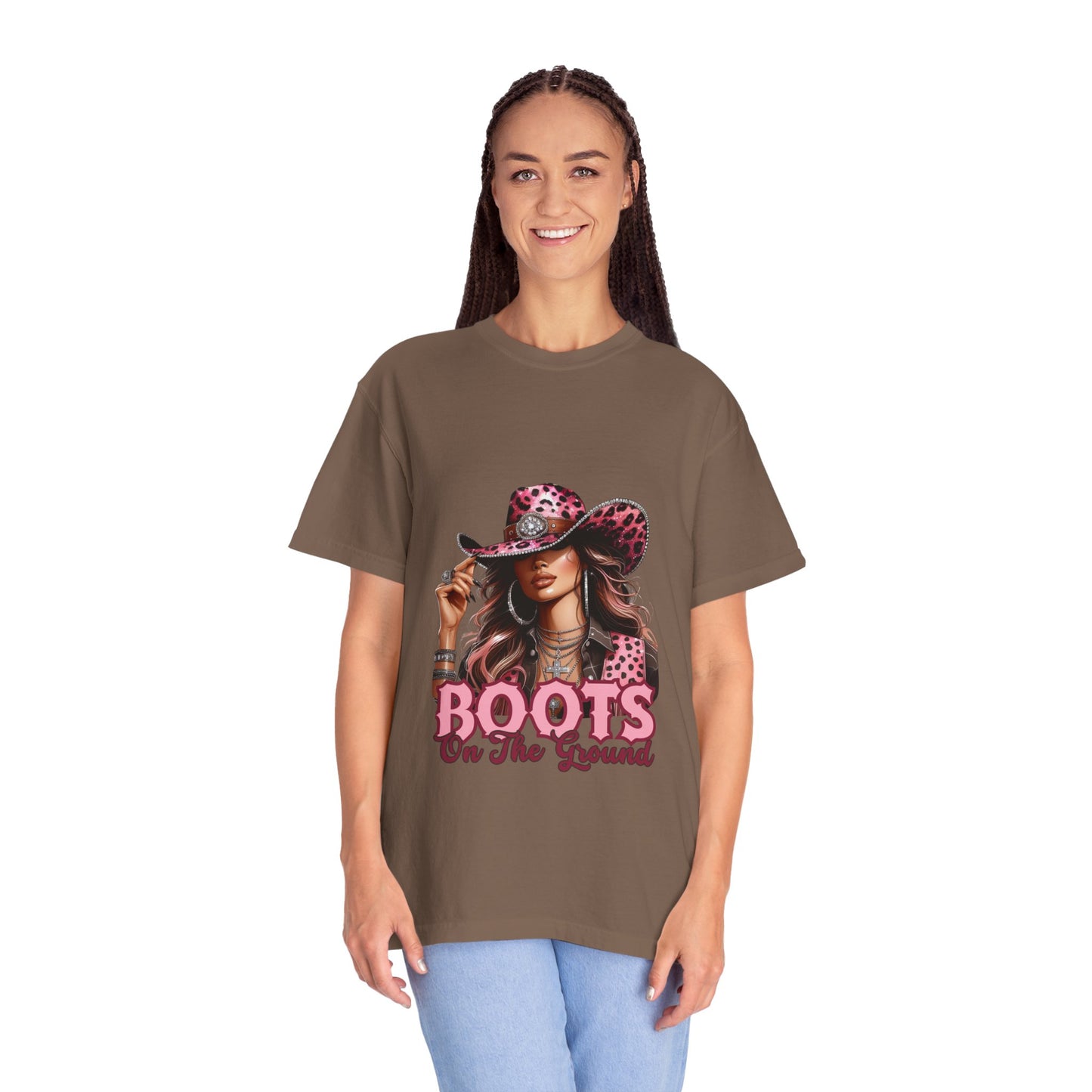 “Boots On The Ground” Pink Cowgirl Graphic T-Shirt – Western Leopard Print Rodeo Tee for Women