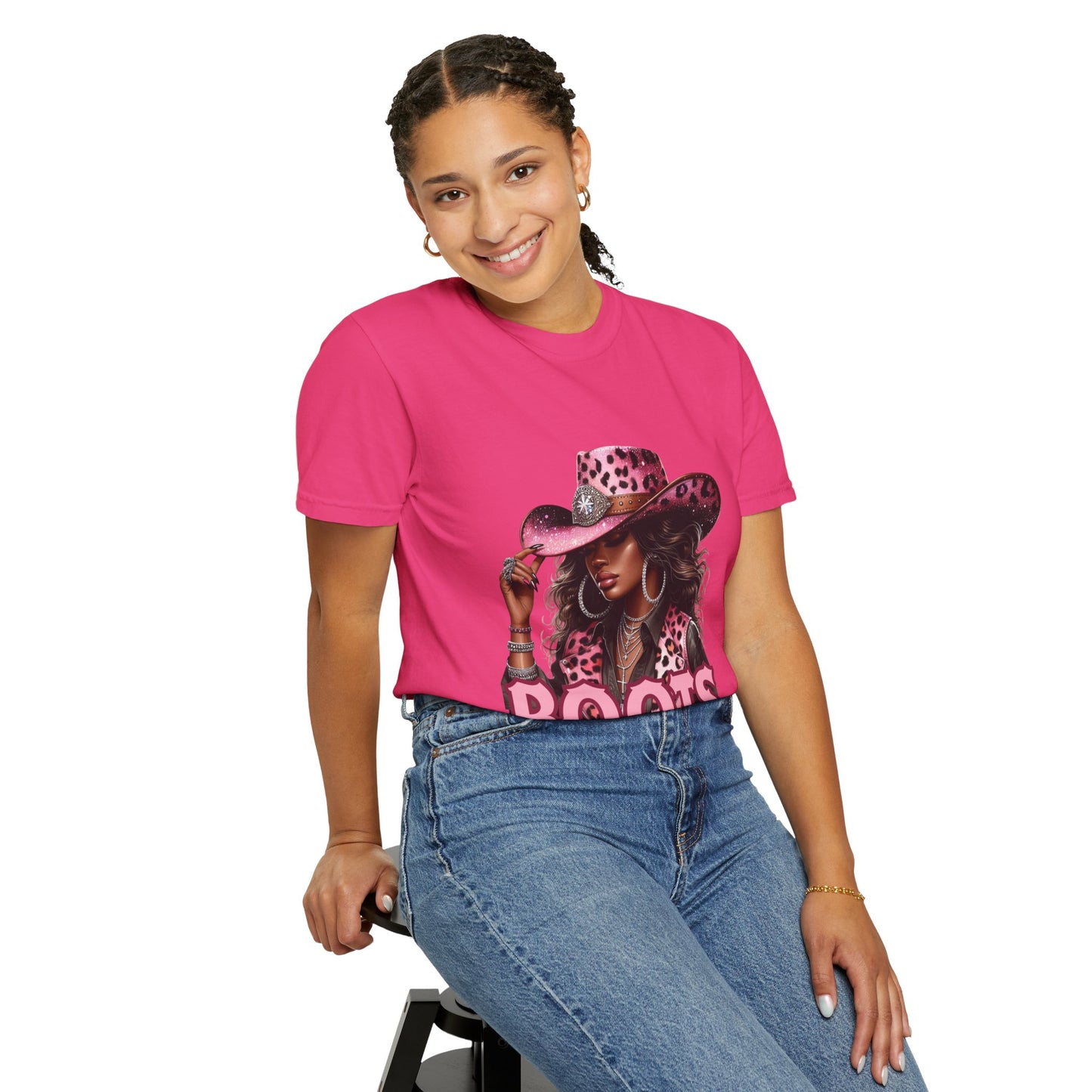 Pink Leopard Cowgirl T-Shirt – “Boots On The Ground” – Western Graphic Tee for Women