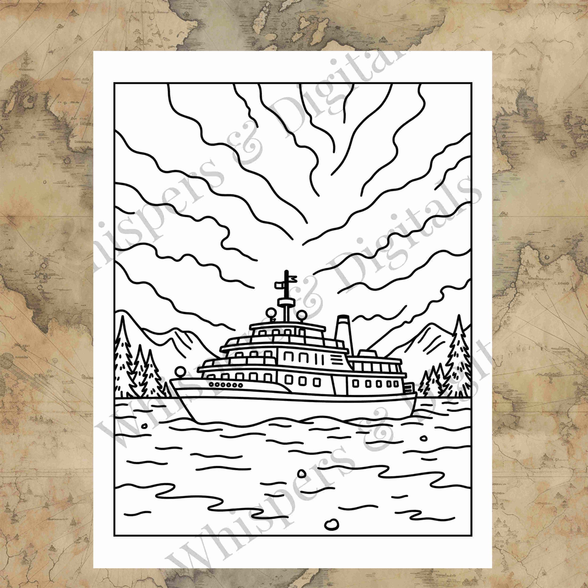 Five printable travel-themed coloring pages including Eiffel Tower, cruise ship, winter market, ornament, and cozy terrace scene — digital download mini-bundle