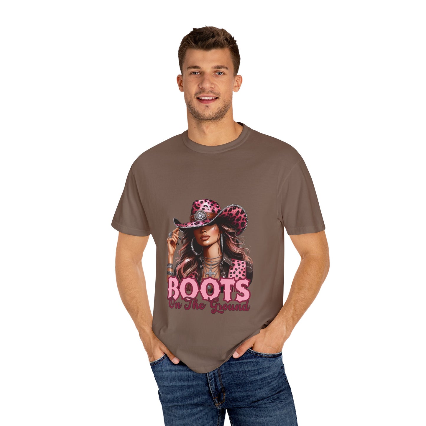 “Boots On The Ground” Pink Cowgirl Graphic T-Shirt – Western Leopard Print Rodeo Tee for Women