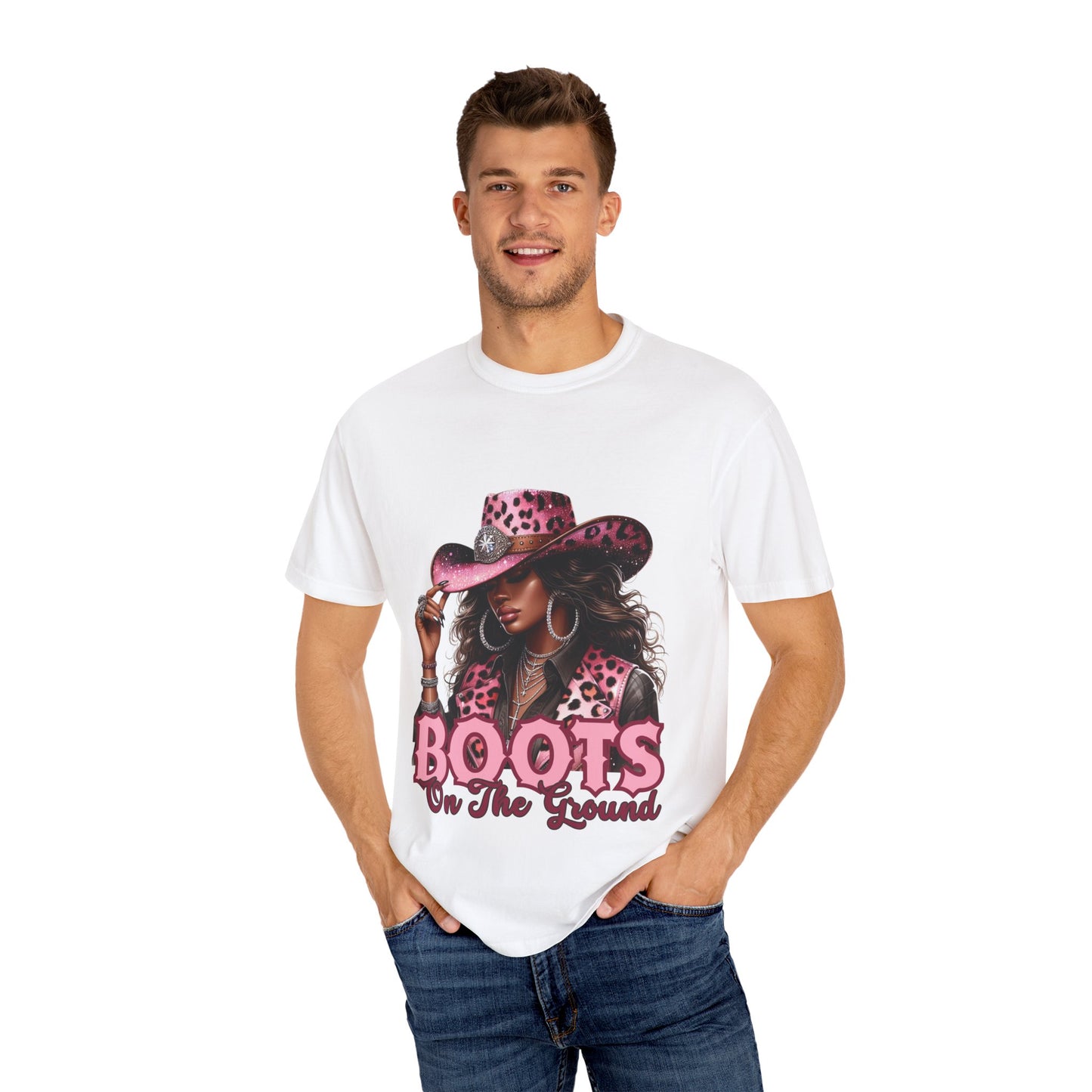 Pink Leopard Cowgirl T-Shirt – “Boots On The Ground” – Western Graphic Tee for Women