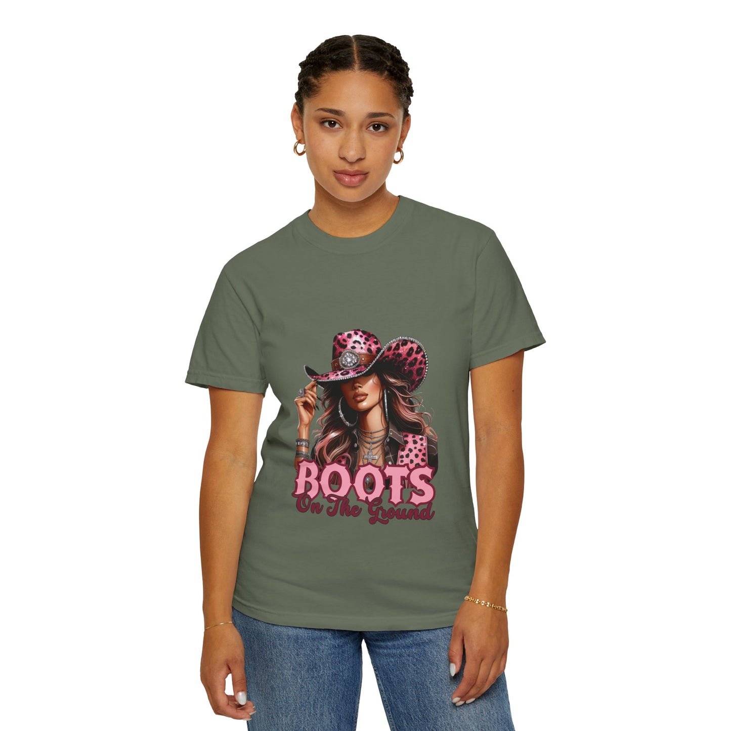 “Boots On The Ground” Pink Cowgirl Graphic T-Shirt – Western Leopard Print Rodeo Tee for Women