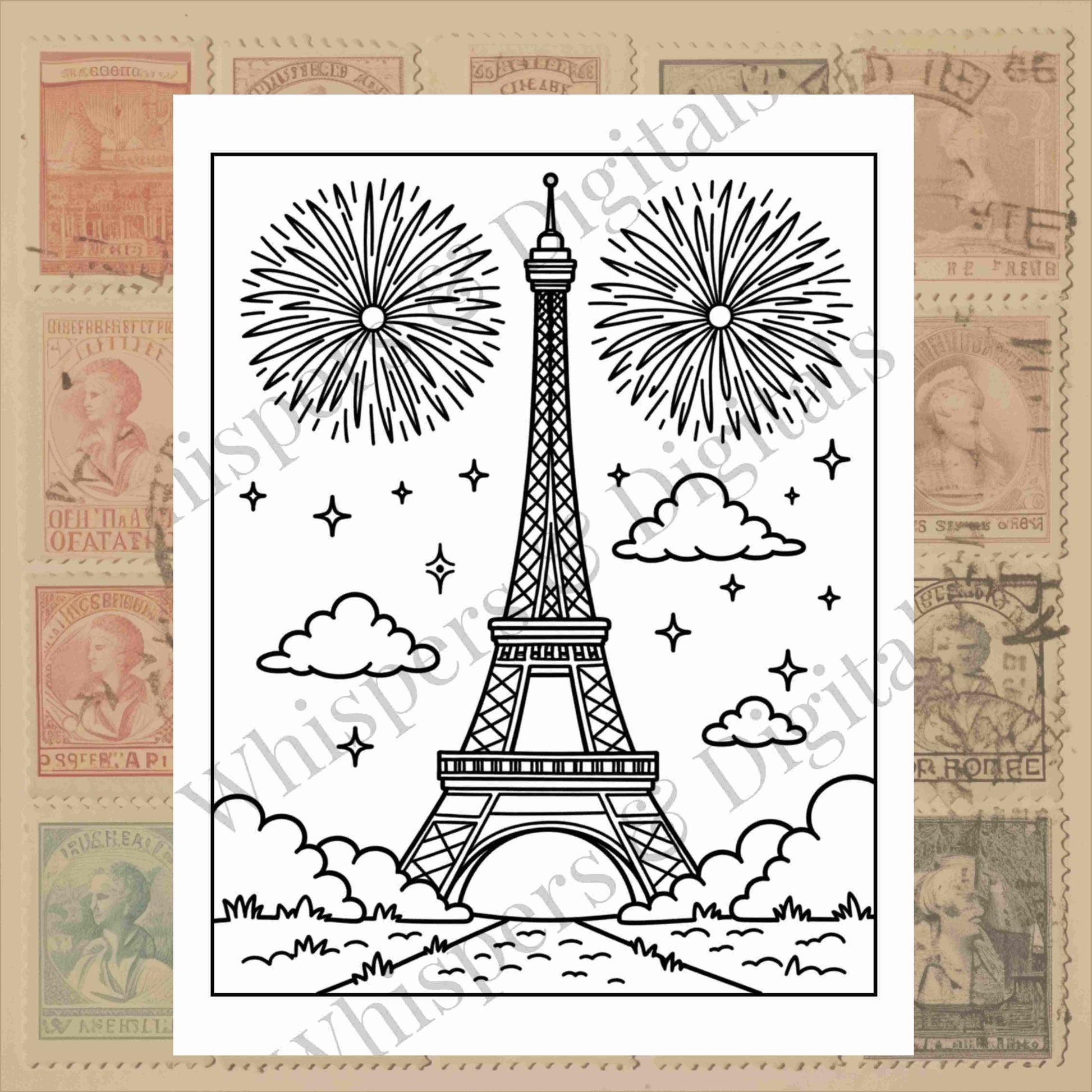 Five printable travel-themed coloring pages including Eiffel Tower, cruise ship, winter market, ornament, and cozy terrace scene — digital download mini-bundle